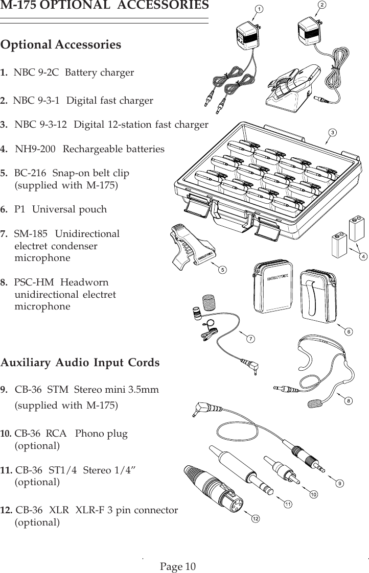 Page 10Optional Accessories1.  NBC 9-2C  Battery charger2.  NBC 9-3-1  Digital fast charger3.  NBC 9-3-12  Digital 12-station fast charger4.  NH9-200  Rechargeable batteries5.  BC-216  Snap-on belt clip(supplied with M-175)6.  P1  Universal pouch7.  SM-185  Unidirectionalelectret condensermicrophone8.  PSC-HM  Headwornunidirectional electretmicrophoneAuxiliary Audio Input Cords9.  CB-36  STM  Stereo mini 3.5mm(supplied with M-175)10. CB-36  RCA   Phono plug(optional)11. CB-36  ST1/4  Stereo 1/4”(optional)12. CB-36  XLR  XLR-F 3 pin connector(optional)M-175 OPTIONAL  ACCESSORIES