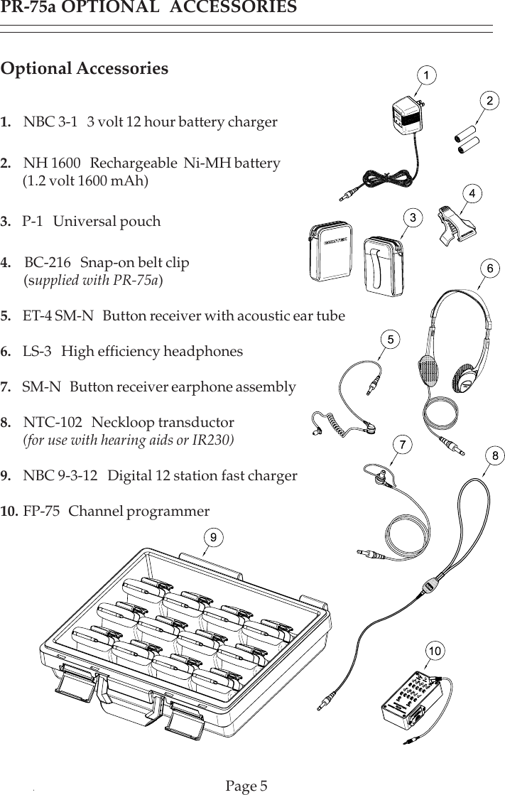 Page 5PR-75a OPTIONAL  ACCESSORIESOptional Accessories1.    NBC 3-1   3 volt 12 hour battery charger2.    NH 1600   Rechargeable  Ni-MH battery       (1.2 volt 1600 mAh)3.    P-1   Universal pouch4.    BC-216   Snap-on belt clip       (supplied with PR-75a)5.    ET-4 SM-N   Button receiver with acoustic ear tube6.    LS-3   High efficiency headphones7.    SM-N   Button receiver earphone assembly8.    NTC-102   Neckloop transductor       (for use with hearing aids or IR230)9.    NBC 9-3-12   Digital 12 station fast charger10.  FP-75   Channel programmer