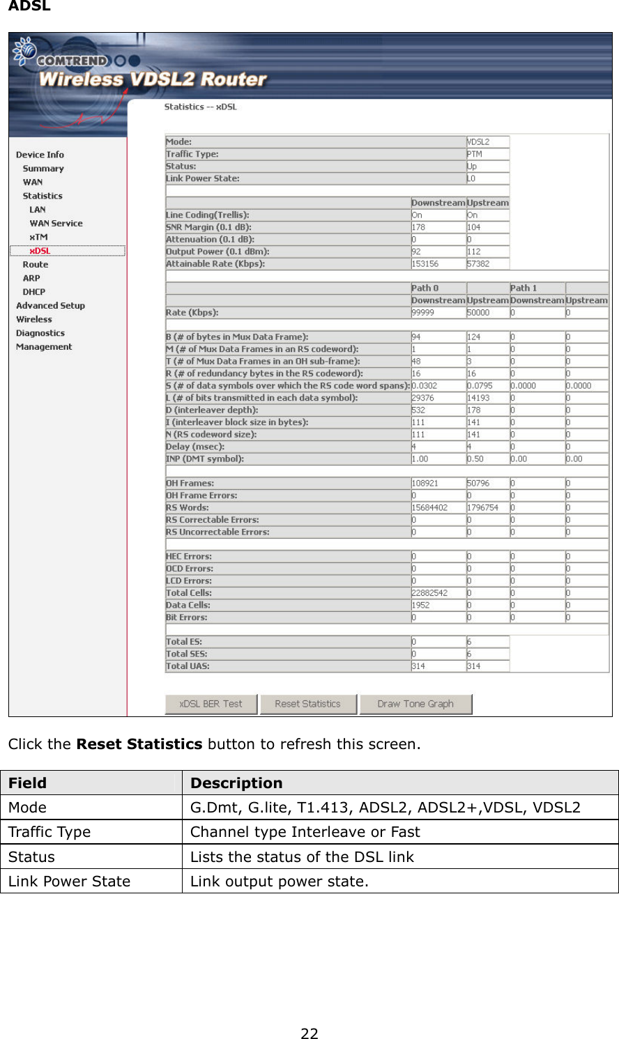   22 ADSL    Click the Reset Statistics button to refresh this screen.  Field  Description Mode  G.Dmt, G.lite, T1.413, ADSL2, ADSL2+,VDSL, VDSL2 Traffic Type  Channel type Interleave or Fast Status  Lists the status of the DSL link Link Power State  Link output power state.       