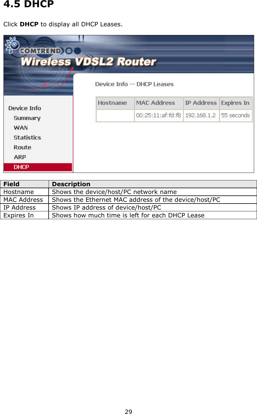   29 4.5 DHCP Click DHCP to display all DHCP Leases.    Field  Description Hostname  Shows the device/host/PC network name MAC Address  Shows the Ethernet MAC address of the device/host/PC IP Address  Shows IP address of device/host/PC Expires In  Shows how much time is left for each DHCP Lease 