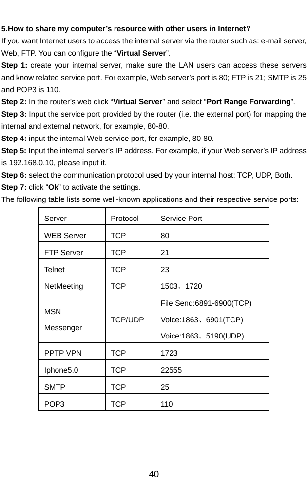          40                                                                                          5.How to share my computer’s resource with other users in Internet？ If you want Internet users to access the internal server via the router such as: e-mail server, Web, FTP. You can configure the “Virtual Server”. Step 1: create your internal server, make sure the LAN users can access these servers and know related service port. For example, Web server’s port is 80; FTP is 21; SMTP is 25 and POP3 is 110. Step 2: In the router’s web click “Virtual Server” and select “Port Range Forwarding”. Step 3: Input the service port provided by the router (i.e. the external port) for mapping the internal and external network, for example, 80-80. Step 4: input the internal Web service port, for example, 80-80. Step 5: Input the internal server’s IP address. For example, if your Web server’s IP address is 192.168.0.10, please input it. Step 6: select the communication protocol used by your internal host: TCP, UDP, Both. Step 7: click “Ok” to activate the settings. The following table lists some well-known applications and their respective service ports:   Server Protocol Service Port WEB Server  TCP  80 FTP Server  TCP  21 Telnet TCP 23 NetMeeting TCP  1503、1720 MSN Messenger  TCP/UDP File Send:6891-6900(TCP) Voice:1863、6901(TCP) Voice:1863、5190(UDP) PPTP VPN  TCP  1723 Iphone5.0 TCP  22555 SMTP TCP 25 POP3 TCP 110    