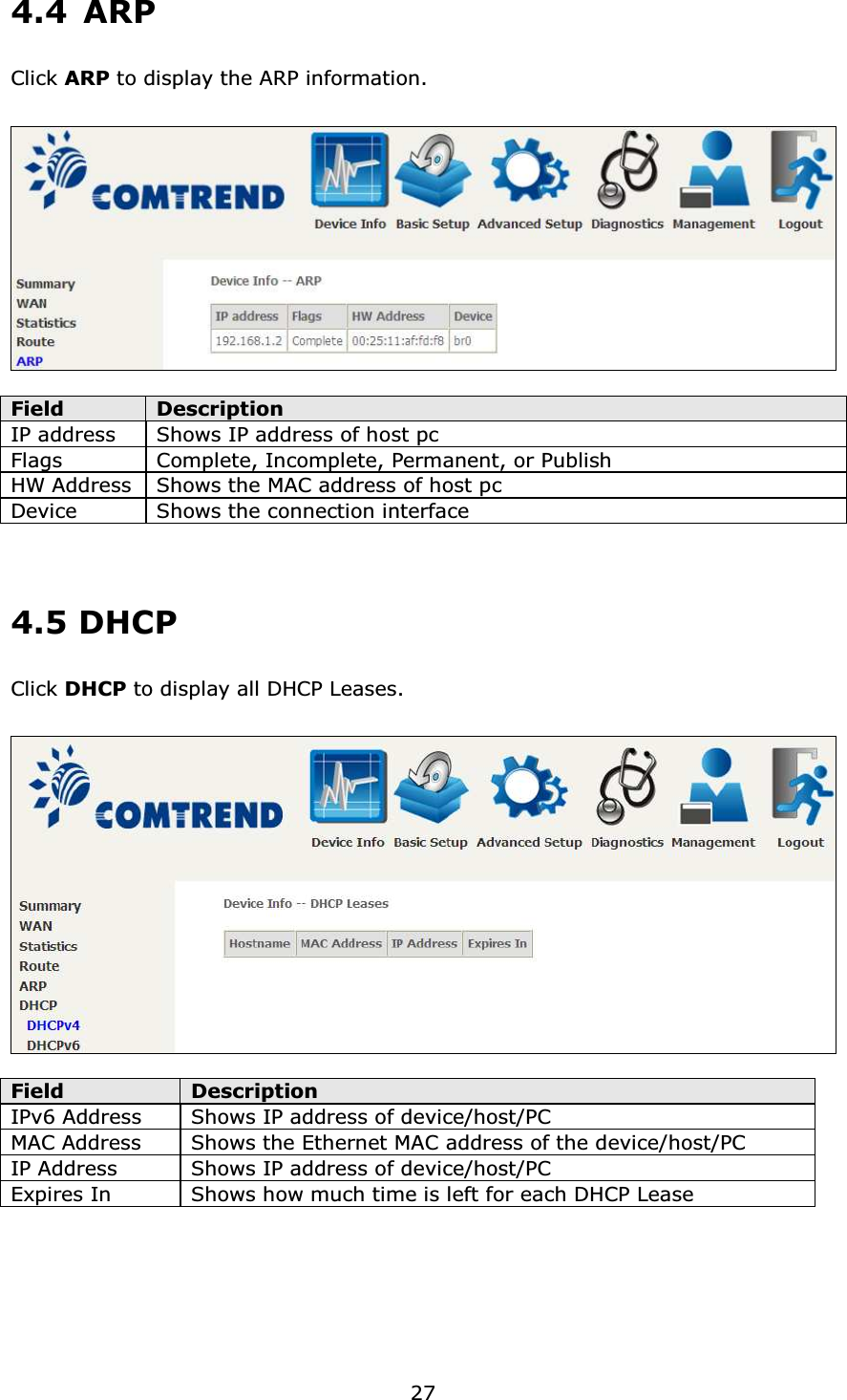  274.4 ARP Click ARP to display the ARP information.    Field  Description IP address  Shows IP address of host pc Flags  Complete, Incomplete, Permanent, or Publish HW Address Shows the MAC address of host pc Device  Shows the connection interface      4.5 DHCP Click DHCP to display all DHCP Leases.    Field  Description IPv6 Address  Shows IP address of device/host/PC MAC Address  Shows the Ethernet MAC address of the device/host/PC IP Address  Shows IP address of device/host/PC Expires In  Shows how much time is left for each DHCP Lease 