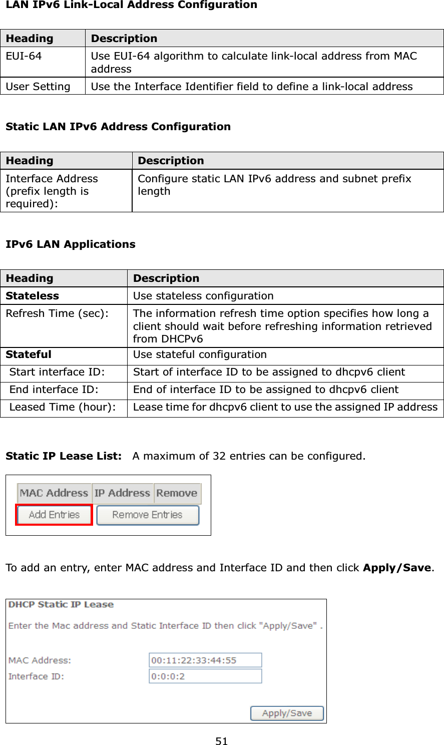  51LAN IPv6 Link-Local Address Configuration  Heading  Description EUI-64  Use EUI-64 algorithm to calculate link-local address from MAC address User Setting  Use the Interface Identifier field to define a link-local address  Static LAN IPv6 Address Configuration  Heading  Description Interface Address   (prefix length is required): Configure static LAN IPv6 address and subnet prefix length  IPv6 LAN Applications  Heading  Description Stateless  Use stateless configurationRefresh Time (sec):  The information refresh time option specifies how long a client should wait before refreshing information retrieved from DHCPv6Stateful  Use stateful configuration Start interface ID:  Start of interface ID to be assigned to dhcpv6 client End interface ID:  End of interface ID to be assigned to dhcpv6 client Leased Time (hour):  Lease time for dhcpv6 client to use the assigned IP address  Static IP Lease List:  A maximum of 32 entries can be configured.    To add an entry, enter MAC address and Interface ID and then click Apply/Save.   