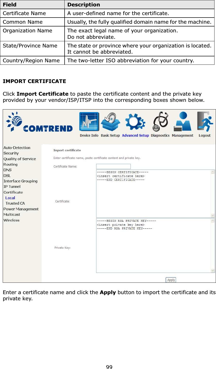  99Field  Description Certificate Name  A user-defined name for the certificate. Common Name  Usually, the fully qualified domain name for the machine.   Organization Name  The exact legal name of your organization.   Do not abbreviate. State/Province Name The state or province where your organization is located.   It cannot be abbreviated. Country/Region Name  The two-letter ISO abbreviation for your country.  IMPORT CERTIFICATE  Click Import Certificate to paste the certificate content and the private key provided by your vendor/ISP/ITSP into the corresponding boxes shown below.    Enter a certificate name and click the Apply button to import the certificate and its private key.  