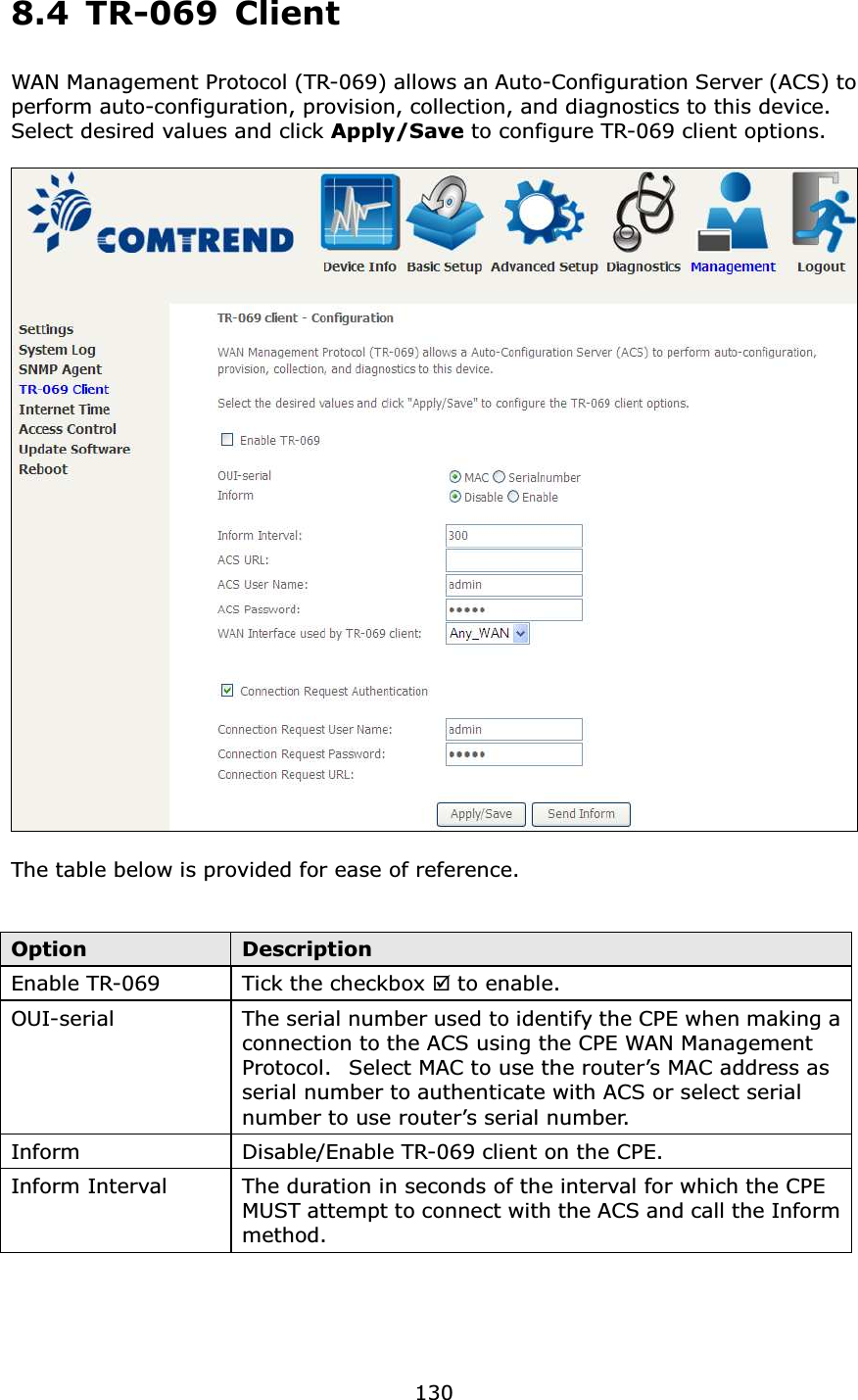  1308.4 TR-069 Client WAN Management Protocol (TR-069) allows an Auto-Configuration Server (ACS) to perform auto-configuration, provision, collection, and diagnostics to this device.   Select desired values and click Apply/Save to configure TR-069 client options.    The table below is provided for ease of reference.   Option  Description Enable TR-069  Tick the checkbox  to enable. OUI-serial  The serial number used to identify the CPE when making a connection to the ACS using the CPE WAN Management Protocol.   Select MAC to use the router’s MAC address as serial number to authenticate with ACS or select serial number to use router’s serial number. Inform  Disable/Enable TR-069 client on the CPE. Inform Interval  The duration in seconds of the interval for which the CPE MUST attempt to connect with the ACS and call the Inform method. 