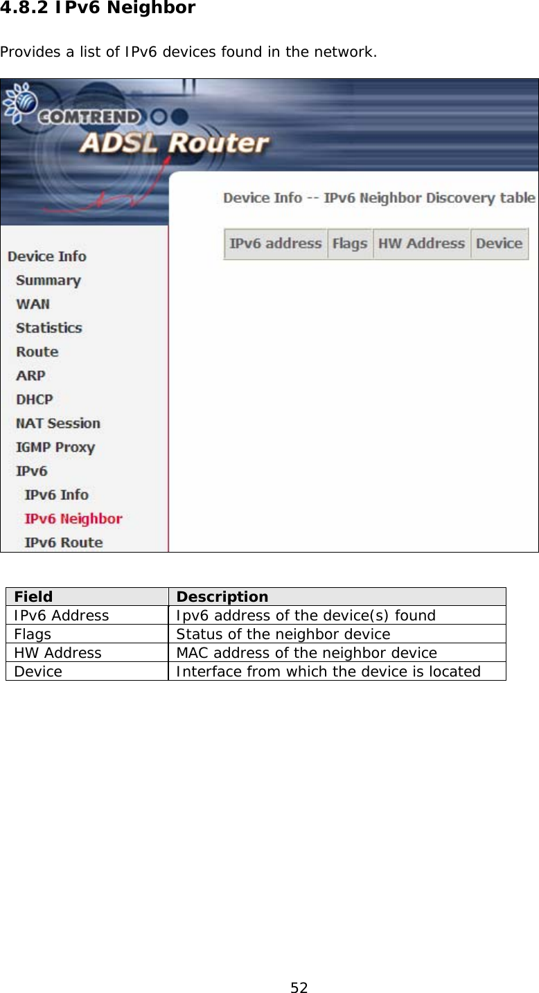  52 4.8.2 IPv6 Neighbor Provides a list of IPv6 devices found in the network.   Field  Description IPv6 Address  Ipv6 address of the device(s) found Flags  Status of the neighbor device HW Address  MAC address of the neighbor device Device  Interface from which the device is located 