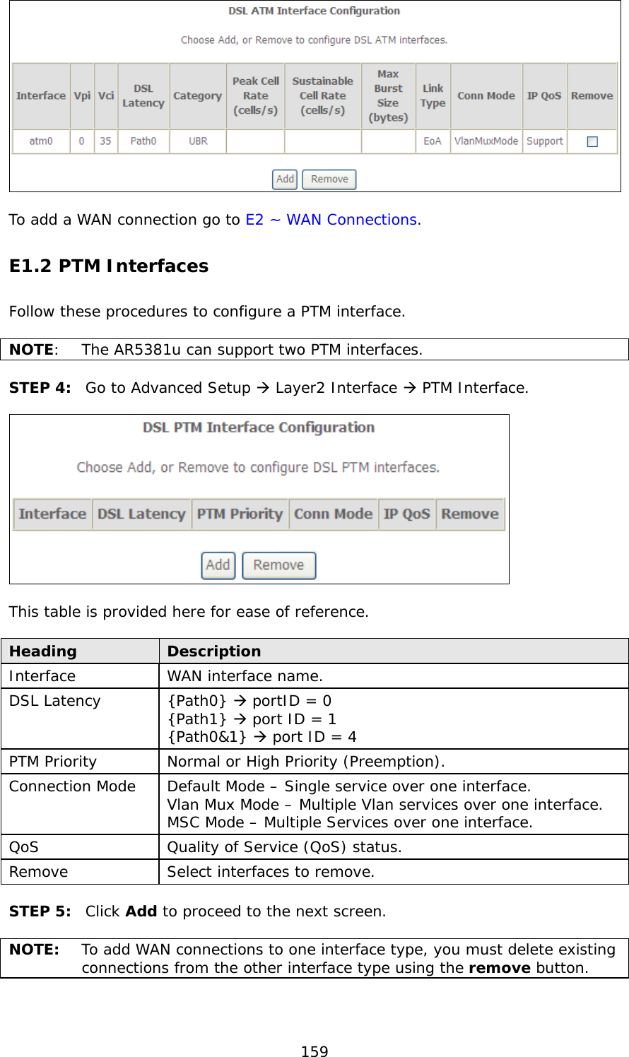  159   To add a WAN connection go to E2 ~ WAN Connections. E1.2 PTM Interfaces Follow these procedures to configure a PTM interface.    NOTE:  The AR5381u can support two PTM interfaces.   STEP 4:  Go to Advanced Setup  Layer2 Interface  PTM Interface.    This table is provided here for ease of reference.  Heading  Description Interface  WAN interface name. DSL Latency  {Path0}  portID = 0  {Path1}  port ID = 1 {Path0&amp;1}  port ID = 4  PTM Priority  Normal or High Priority (Preemption). Connection Mode  Default Mode – Single service over one interface. Vlan Mux Mode – Multiple Vlan services over one interface. MSC Mode – Multiple Services over one interface.  QoS  Quality of Service (QoS) status. Remove  Select interfaces to remove.  STEP 5:  Click Add to proceed to the next screen.   NOTE:  To add WAN connections to one interface type, you must delete existing connections from the other interface type using the remove button.    