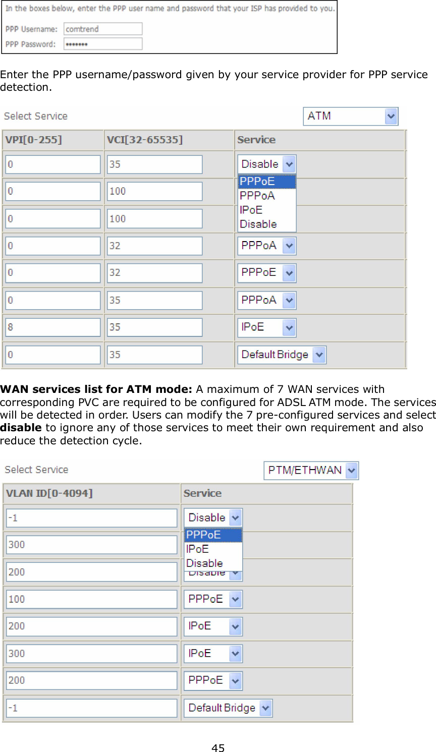  45   Enter the PPP username/password given by your service provider for PPP service detection.    WAN services list for ATM mode: A maximum of 7 WAN services with corresponding PVC are required to be configured for ADSL ATM mode. The services will be detected in order. Users can modify the 7 pre-configured services and select disable to ignore any of those services to meet their own requirement and also reduce the detection cycle.   