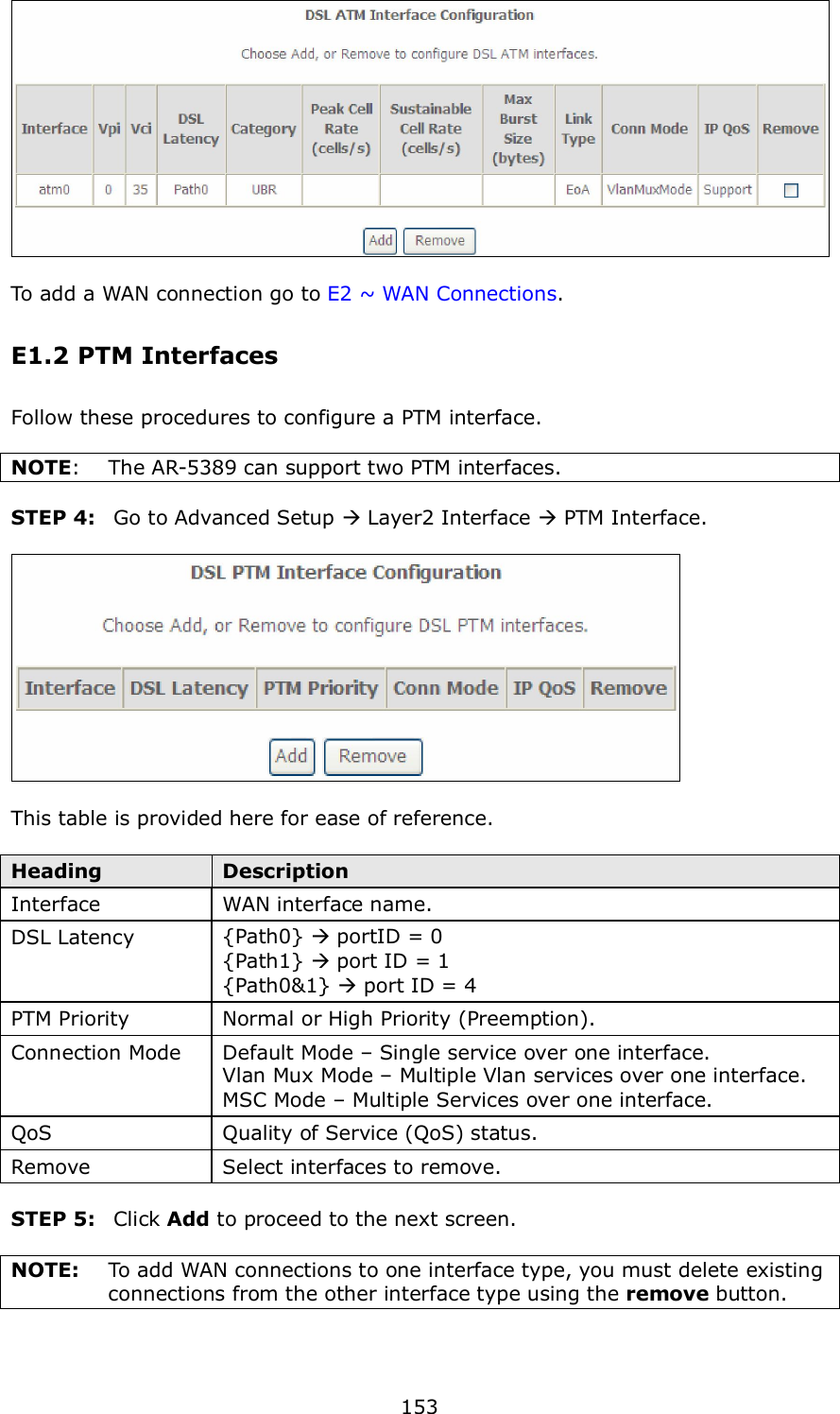  153   To add a WAN connection go to E2 ~ WAN Connections. E1.2 PTM Interfaces Follow these procedures to configure a PTM interface.      NOTE:  The AR-5389 can support two PTM interfaces.    STEP 4:  Go to Advanced Setup  Layer2 Interface  PTM Interface.    This table is provided here for ease of reference.  Heading  Description Interface  WAN interface name. DSL Latency  {Path0}  portID = 0   {Path1}  port ID = 1 {Path0&amp;1}  port ID = 4   PTM Priority  Normal or High Priority (Preemption). Connection Mode  Default Mode – Single service over one interface. Vlan Mux Mode – Multiple Vlan services over one interface. MSC Mode – Multiple Services over one interface.   QoS  Quality of Service (QoS) status. Remove  Select interfaces to remove.  STEP 5:  Click Add to proceed to the next screen.    NOTE:  To add WAN connections to one interface type, you must delete existing connections from the other interface type using the remove button.     