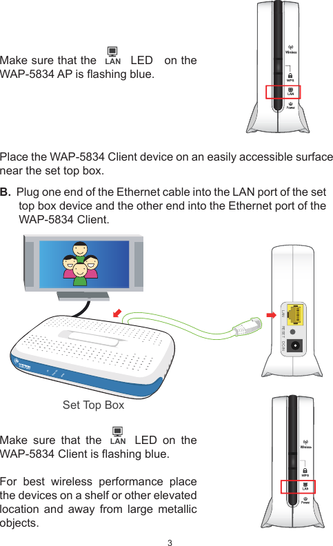 3Make sure that the         LED   on the WAP-5834 AP is flashing blue.Place the WAP-5834 Client device on an easily accessible surface near the set top box.B.  Plug one end of the Ethernet cable into the LAN port of the set top box device and the other end into the Ethernet port of the WAP-5834 Client.Make sure that the      LED on the WAP-5834 Client is flashing blue.For best wireless performance place the devices on a shelf or other elevated location and away from large metallic objects.  WirelessWPSLANPowerLANLANWirelessWPSLANPowerLAN RESET DC-INSet Top BoxSTB-7007IRSTATUSWAN