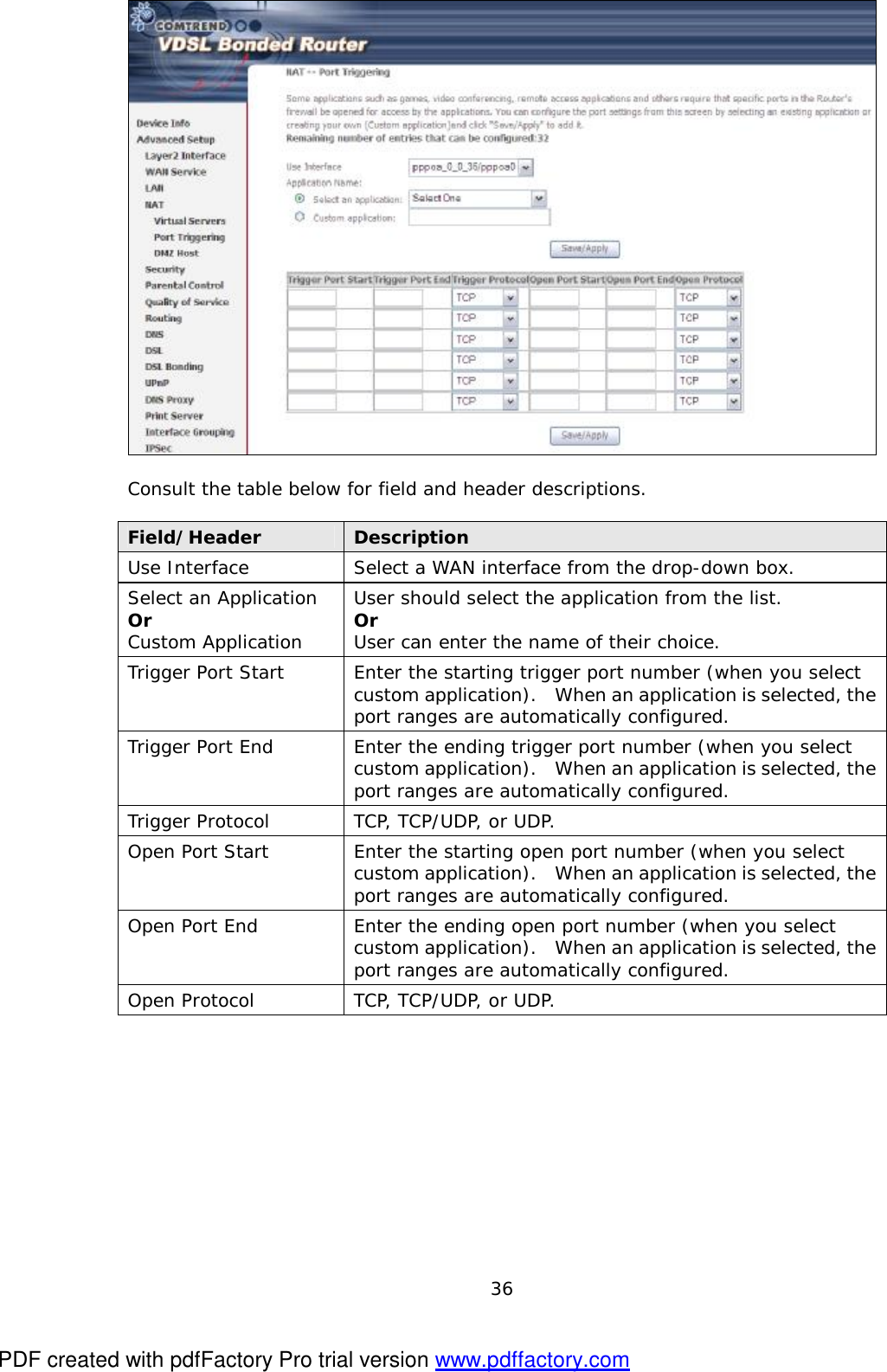  36   Consult the table below for field and header descriptions.  Field/Header  Description Use Interface  Select a WAN interface from the drop-down box. Select an Application Or  Custom Application User should select the application from the list. Or  User can enter the name of their choice. Trigger Port Start  Enter the starting trigger port number (when you select custom application).  When an application is selected, the port ranges are automatically configured. Trigger Port End  Enter the ending trigger port number (when you select custom application).  When an application is selected, the port ranges are automatically configured. Trigger Protocol  TCP, TCP/UDP, or UDP. Open Port Start  Enter the starting open port number (when you select custom application).  When an application is selected, the port ranges are automatically configured. Open Port End  Enter the ending open port number (when you select custom application).  When an application is selected, the port ranges are automatically configured. Open Protocol  TCP, TCP/UDP, or UDP.  PDF created with pdfFactory Pro trial version www.pdffactory.com