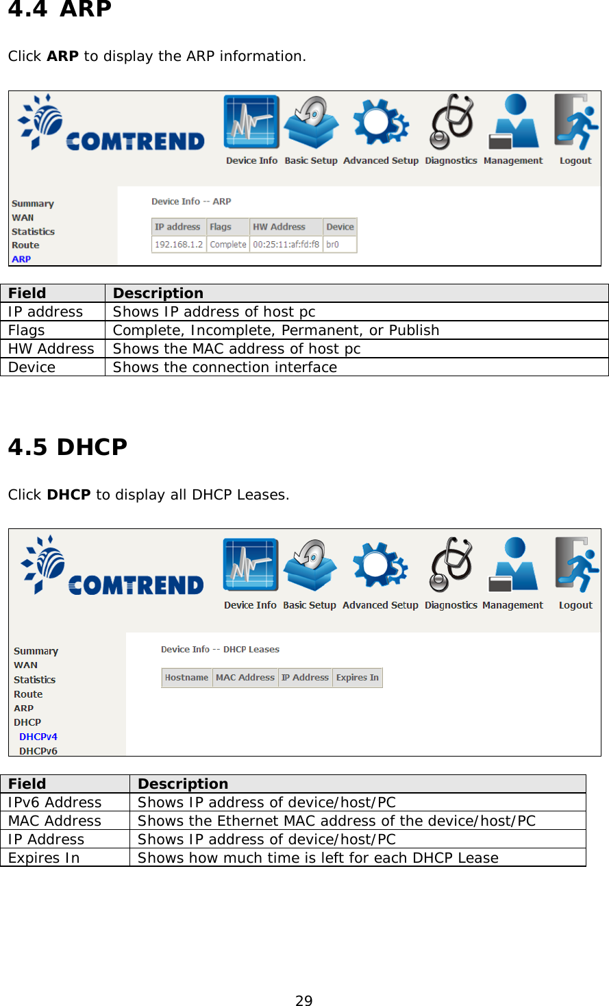  29 4.4 ARP Click ARP to display the ARP information.    Field Description IP address Shows IP address of host pc Flags Complete, Incomplete, Permanent, or Publish HW Address Shows the MAC address of host pc Device Shows the connection interface    4.5 DHCP Click DHCP to display all DHCP Leases.    Field Description IPv6 Address Shows IP address of device/host/PC MAC Address Shows the Ethernet MAC address of the device/host/PC IP Address Shows IP address of device/host/PC Expires In Shows how much time is left for each DHCP Lease 