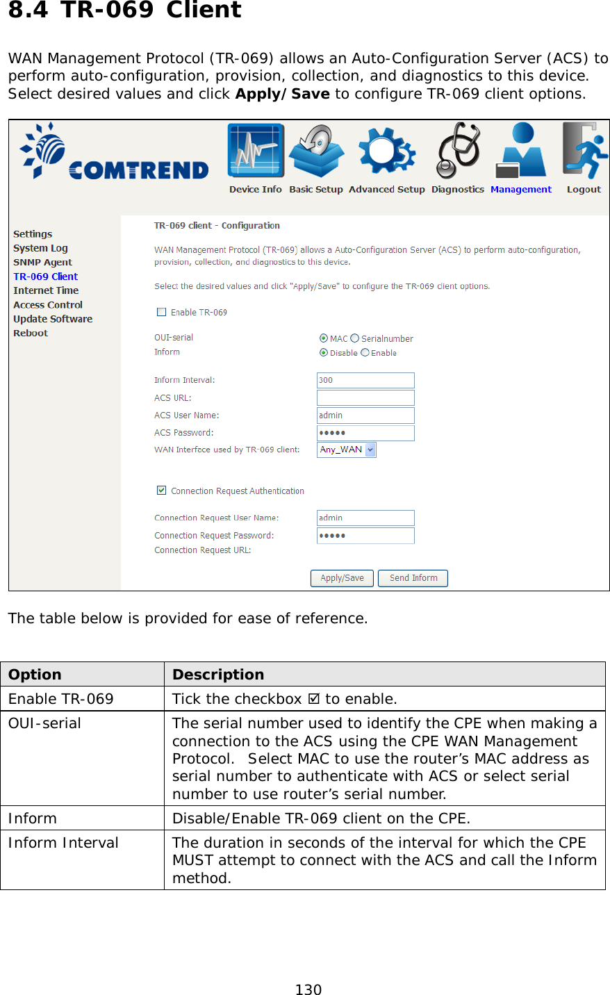  130 8.4 TR-069 Client WAN Management Protocol (TR-069) allows an Auto-Configuration Server (ACS) to perform auto-configuration, provision, collection, and diagnostics to this device.  Select desired values and click Apply/Save to configure TR-069 client options.    The table below is provided for ease of reference.   Option Description Enable TR-069 Tick the checkbox  to enable. OUI-serial The serial number used to identify the CPE when making a connection to the ACS using the CPE WAN Management Protocol.  Select MAC to use the router’s MAC address as serial number to authenticate with ACS or select serial number to use router’s serial number. Inform Disable/Enable TR-069 client on the CPE. Inform Interval The duration in seconds of the interval for which the CPE MUST attempt to connect with the ACS and call the Inform method. 