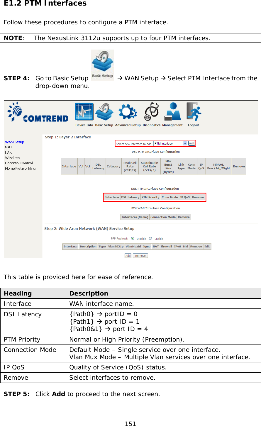  151 E1.2 PTM Interfaces Follow these procedures to configure a PTM interface.    NOTE:  The NexusLink 3112u supports up to four PTM interfaces.   STEP 4: Go to Basic Setup   WAN Setup  Select PTM Interface from the drop-down menu.     This table is provided here for ease of reference.  Heading Description Interface WAN interface name. DSL Latency {Path0}  portID = 0  {Path1}  port ID = 1 {Path0&amp;1}  port ID = 4  PTM Priority Normal or High Priority (Preemption). Connection Mode Default Mode – Single service over one interface. Vlan Mux Mode – Multiple Vlan services over one interface. IP QoS Quality of Service (QoS) status. Remove Select interfaces to remove.  STEP 5: Click Add to proceed to the next screen.   