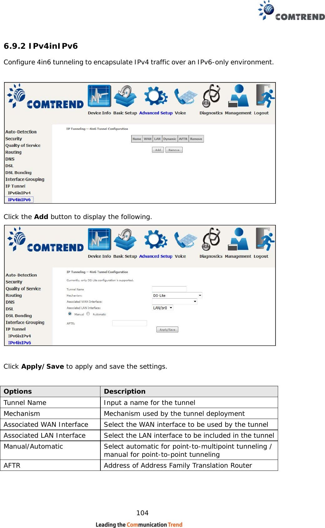    104 6.9.2 IPv4inIPv6  Configure 4in6 tunneling to encapsulate IPv4 traffic over an IPv6-only environment.     Click the Add button to display the following.   Click Apply/Save to apply and save the settings.  Options  Description Tunnel Name  Input a name for the tunnelMechanism  Mechanism used by the tunnel deployment Associated WAN Interface  Select the WAN interface to be used by the tunnelAssociated LAN Interface  Select the LAN interface to be included in the tunnelManual/Automatic  Select automatic for point-to-multipoint tunneling / manual for point-to-point tunneling AFTR  Address of Address Family Translation Router  