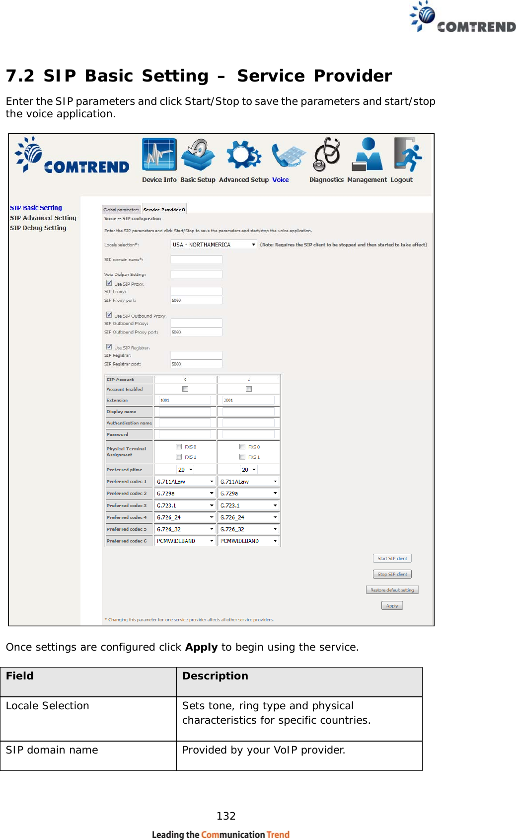    132 7.2 SIP Basic Setting – Service Provider Enter the SIP parameters and click Start/Stop to save the parameters and start/stop the voice application.   Once settings are configured click Apply to begin using the service. Field  Description Locale Selection  Sets tone, ring type and physical characteristics for specific countries. SIP domain name  Provided by your VoIP provider. 