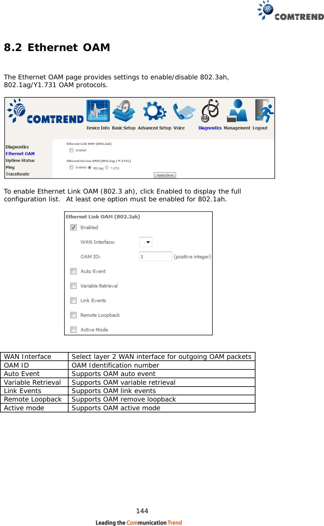    144 8.2 Ethernet OAM  The Ethernet OAM page provides settings to enable/disable 802.3ah, 802.1ag/Y1.731 OAM protocols.    To enable Ethernet Link OAM (802.3 ah), click Enabled to display the full configuration list.  At least one option must be enabled for 802.1ah.     WAN Interface Select layer 2 WAN interface for outgoing OAM packetsOAM IDOAM Identification number Auto EventSupports OAM auto eventVariable Retrieval Supports OAM variable retrievalLink EventsSupports OAM link eventsRemote Loopback Supports OAM remove loopbackActive modeSupports OAM active mode   