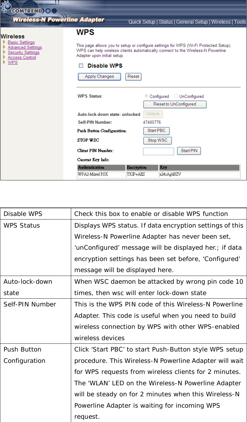    Disable WPS Check this box to enable or disable WPS function WPS Status Displays WPS status. If data encryption settings of this Wireless-N Powerline Adapter has never been set, ‘unConfigured’ message will be displayed her.; if data encryption settings has been set before, ‘Configured’ message will be displayed here.  Auto-lock-down state When WSC daemon be attacked by wrong pin code 10 times, then wsc will enter lock-down state Self-PIN Number This is the WPS PIN code of this Wireless-N Powerline Adapter. This code is useful when you need to build wireless connection by WPS with other WPS-enabled wireless devices Push Button Configuration Click ‘Start PBC’ to start Push-Button style WPS setup procedure. This Wireless-N Powerline Adapter will wait for WPS requests from wireless clients for 2 minutes. The ‘WLAN’ LED on the Wireless-N Powerline Adapter will be steady on for 2 minutes when this Wireless-N Powerline Adapter is waiting for incoming WPS request. 