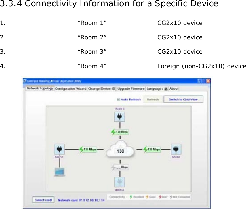 3.3.4 Connectivity Information for a Specific Device 1.                        “Room 1”                 CG2x10 device  2.                        “Room 2”                 CG2x10 device  3.                        “Room 3”                 CG2x10 device  4.                        “Room 4“                 Foreign (non-CG2x10) device                         