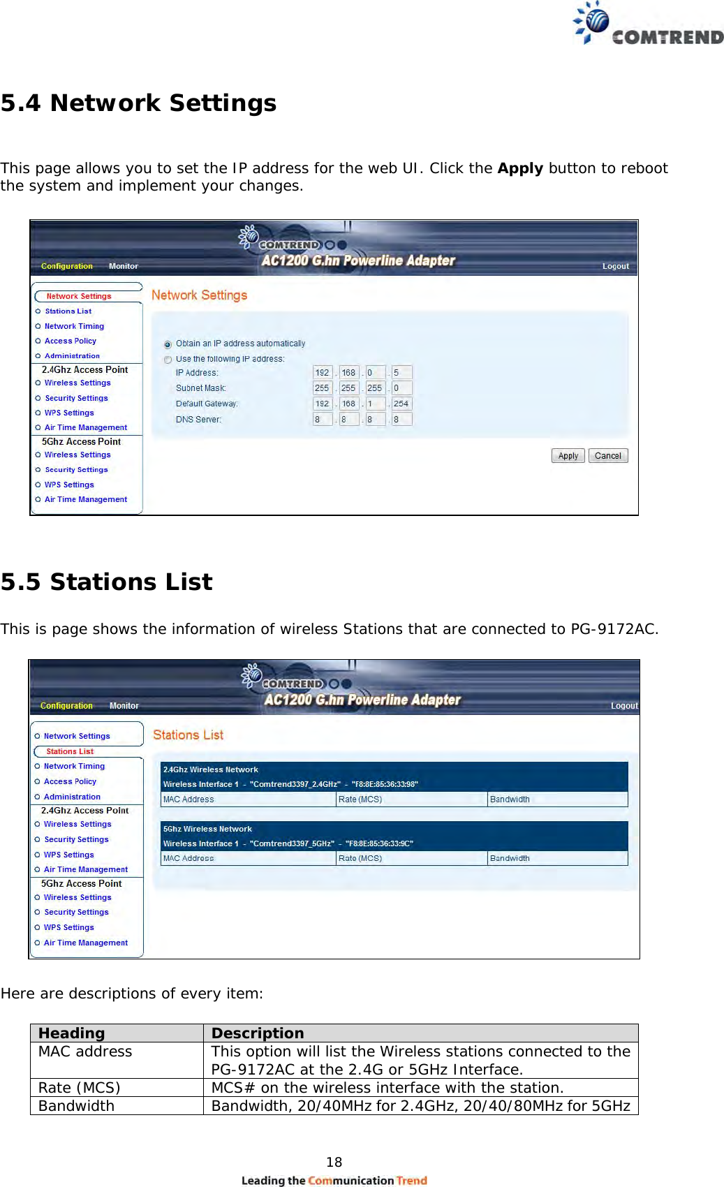  18  5.4 Network Settings   This page allows you to set the IP address for the web UI. Click the Apply button to reboot the system and implement your changes.     5.5 Stations List  This is page shows the information of wireless Stations that are connected to PG-9172AC.     Here are descriptions of every item:  Heading  Description MAC address   This option will list the Wireless stations connected to the PG-9172AC at the 2.4G or 5GHz Interface.  Rate (MCS)  MCS# on the wireless interface with the station.  Bandwidth   Bandwidth, 20/40MHz for 2.4GHz, 20/40/80MHz for 5GHz   