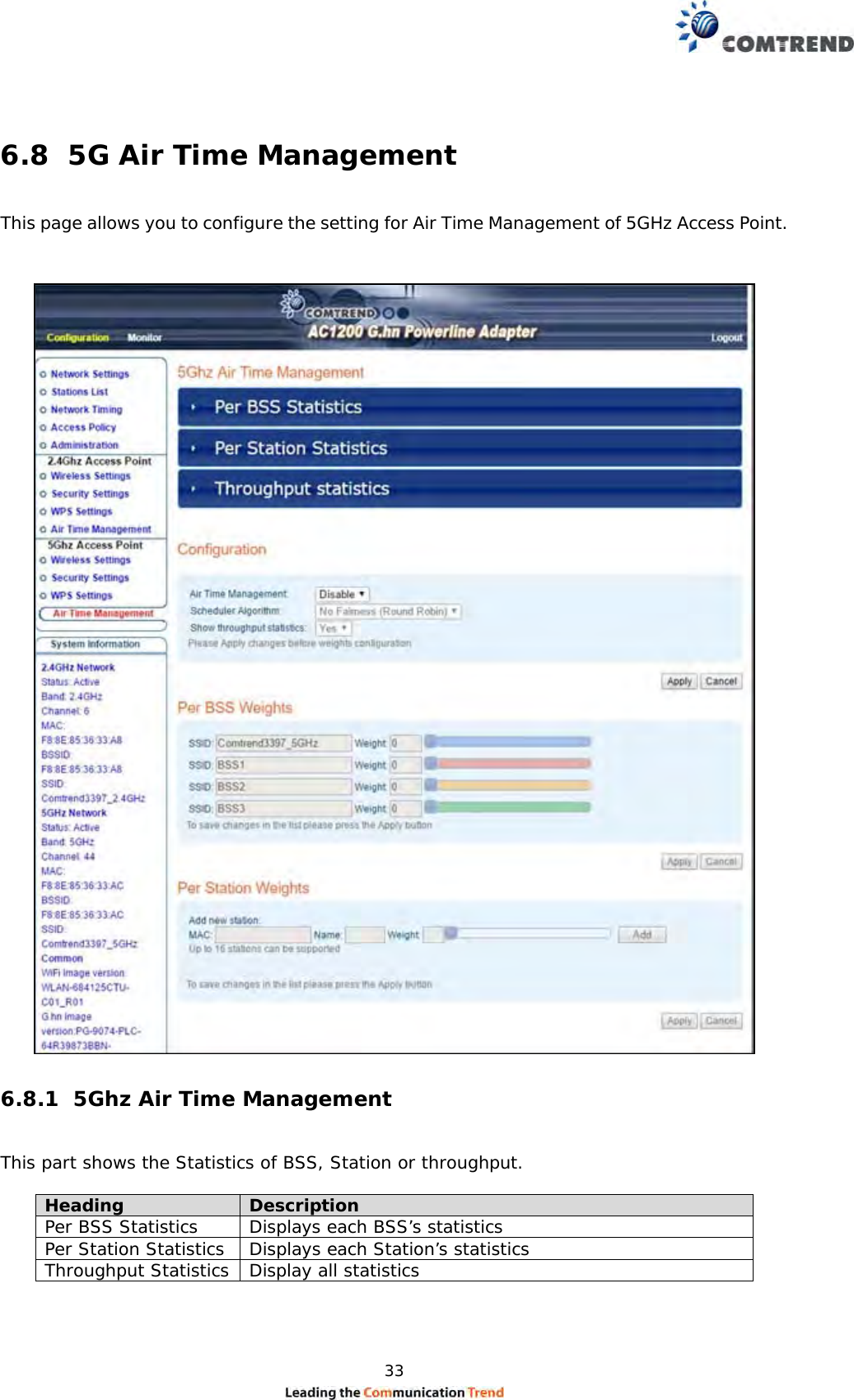  33   6.8  5G Air Time Management  This page allows you to configure the setting for Air Time Management of 5GHz Access Point.    6.8.1  5Ghz Air Time Management  This part shows the Statistics of BSS, Station or throughput.  Heading  Description Per BSS Statistics  Displays each BSS’s statistics Per Station Statistics  Displays each Station’s statistics Throughput Statistics  Display all statistics   
