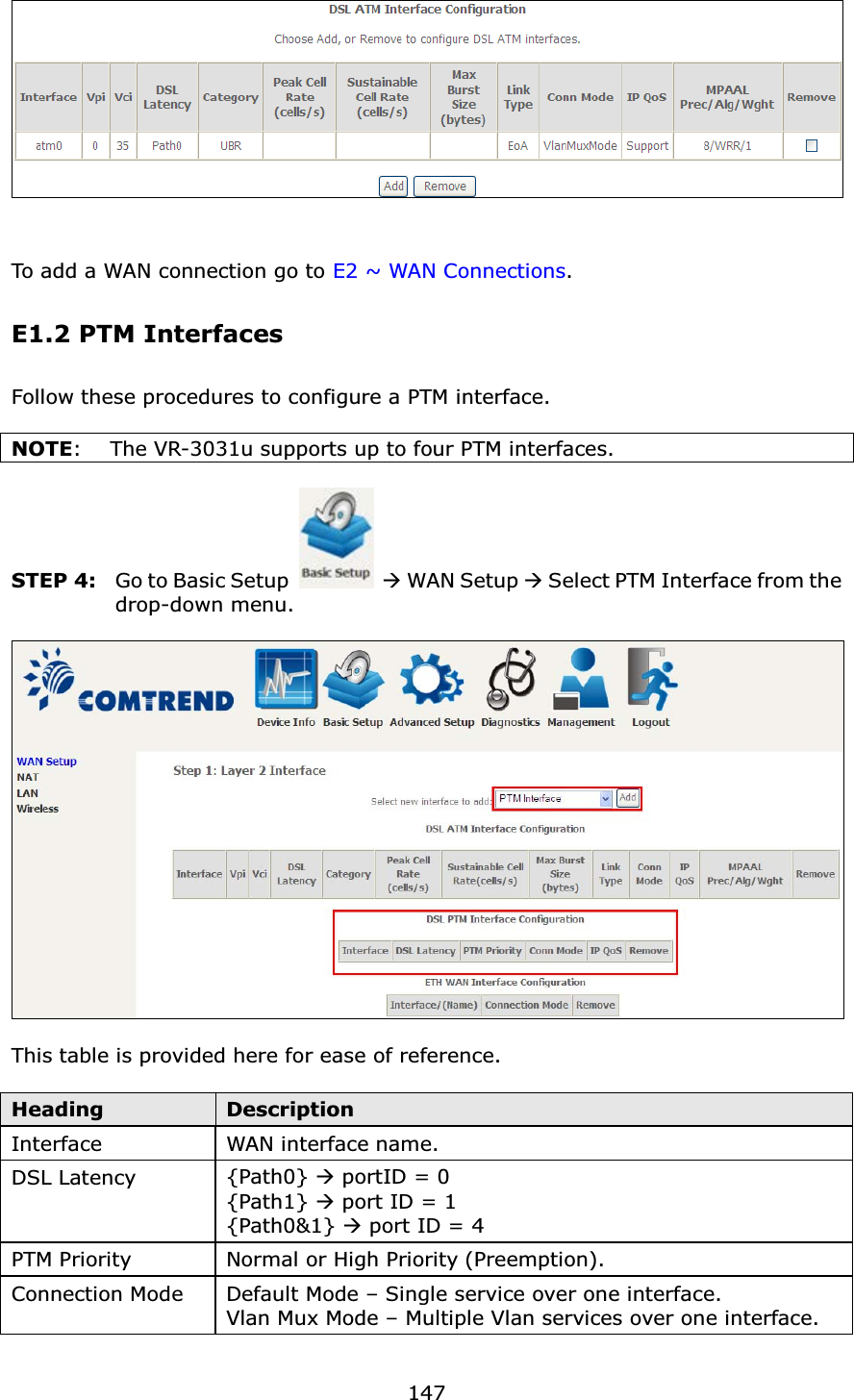 147To add a WAN connection go to E2 ~ WAN Connections.E1.2 PTM InterfacesFollow these procedures to configure a PTM interface.   NOTE: The VR-3031u supports up to four PTM interfaces. STEP 4: Go to Basic Setup ÆWAN Setup ÆSelect PTM Interface from the drop-down menu.This table is provided here for ease of reference.HeadingDescriptionInterface WAN interface name.DSL Latency {Path0} ÆportID = 0 {Path1} Æport ID = 1{Path0&amp;1} Æport ID = 4 PTM Priority Normal or High Priority (Preemption).Connection Mode Default Mode – Single service over one interface.Vlan Mux Mode – Multiple Vlan services over one interface.