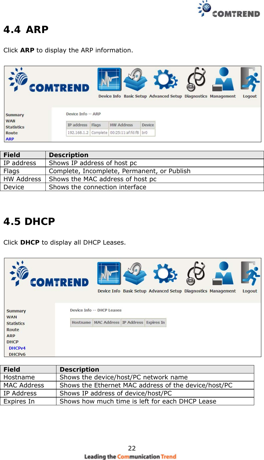    224.4 ARP Click ARP to display the ARP information.    Field  Description IP address  Shows IP address of host pc Flags  Complete, Incomplete, Permanent, or Publish HW Address  Shows the MAC address of host pc Device  Shows the connection interface      4.5 DHCP Click DHCP to display all DHCP Leases.    Field  Description Hostname  Shows the device/host/PC network name MAC Address  Shows the Ethernet MAC address of the device/host/PC IP Address  Shows IP address of device/host/PC Expires In  Shows how much time is left for each DHCP Lease 