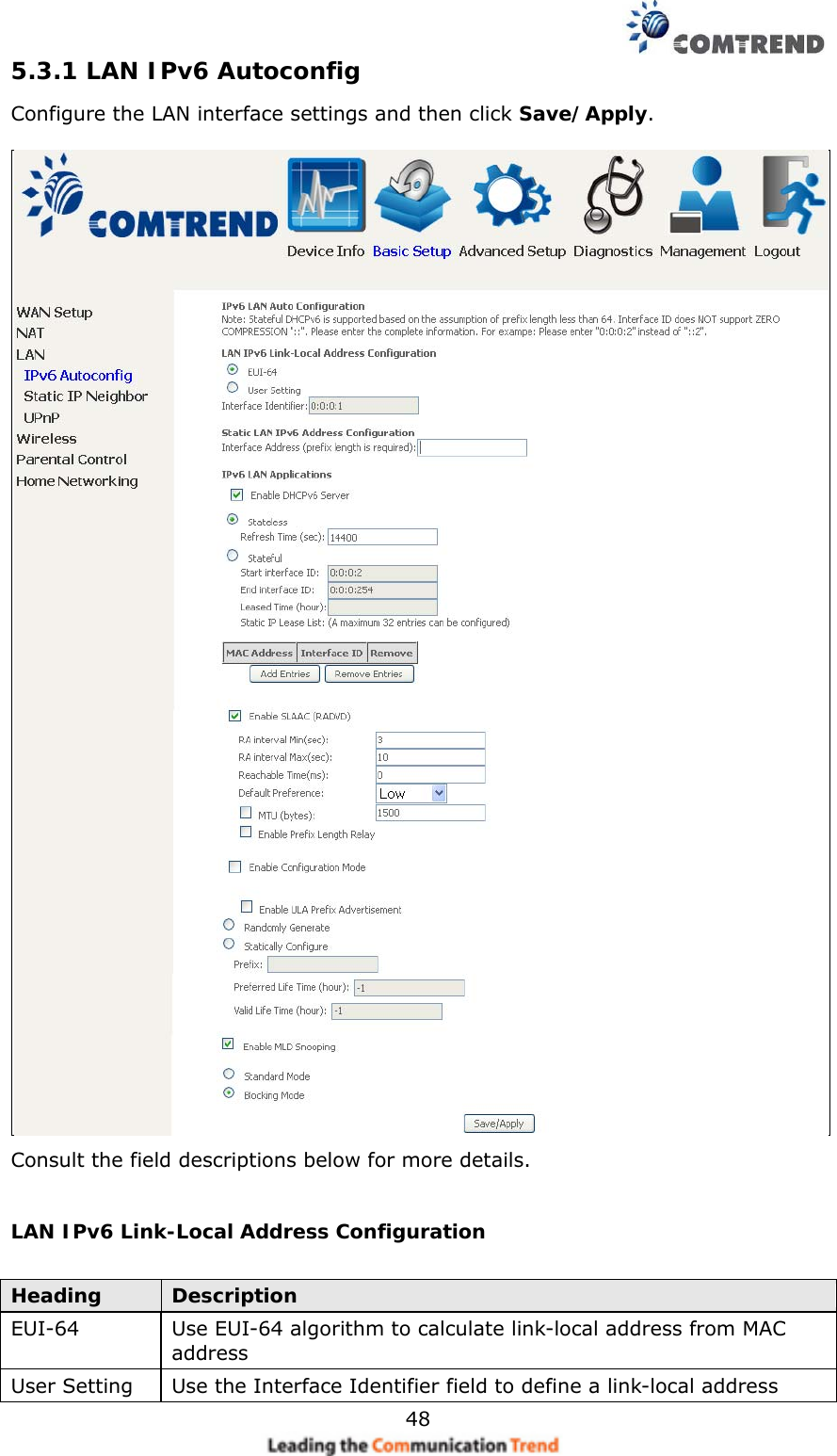   485.3.1 LAN IPv6 Autoconfig Configure the LAN interface settings and then click Save/Apply.   Consult the field descriptions below for more details.  LAN IPv6 Link-Local Address Configuration  Heading  Description EUI-64  Use EUI-64 algorithm to calculate link-local address from MAC address User Setting  Use the Interface Identifier field to define a link-local address 