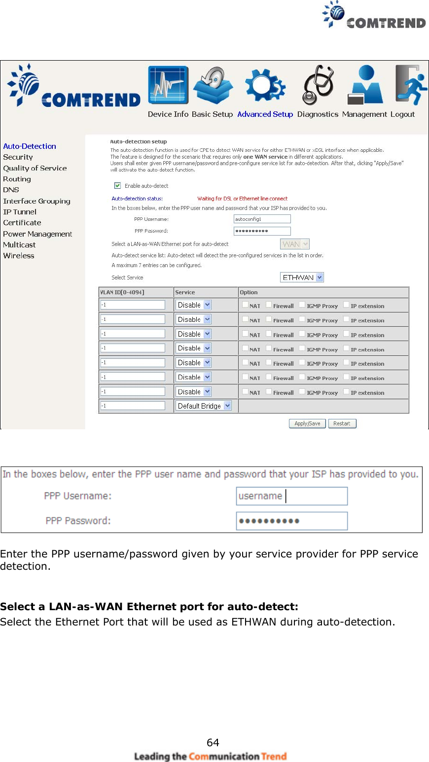    64         Enter the PPP username/password given by your service provider for PPP service detection.   Select a LAN-as-WAN Ethernet port for auto-detect: Select the Ethernet Port that will be used as ETHWAN during auto-detection.       