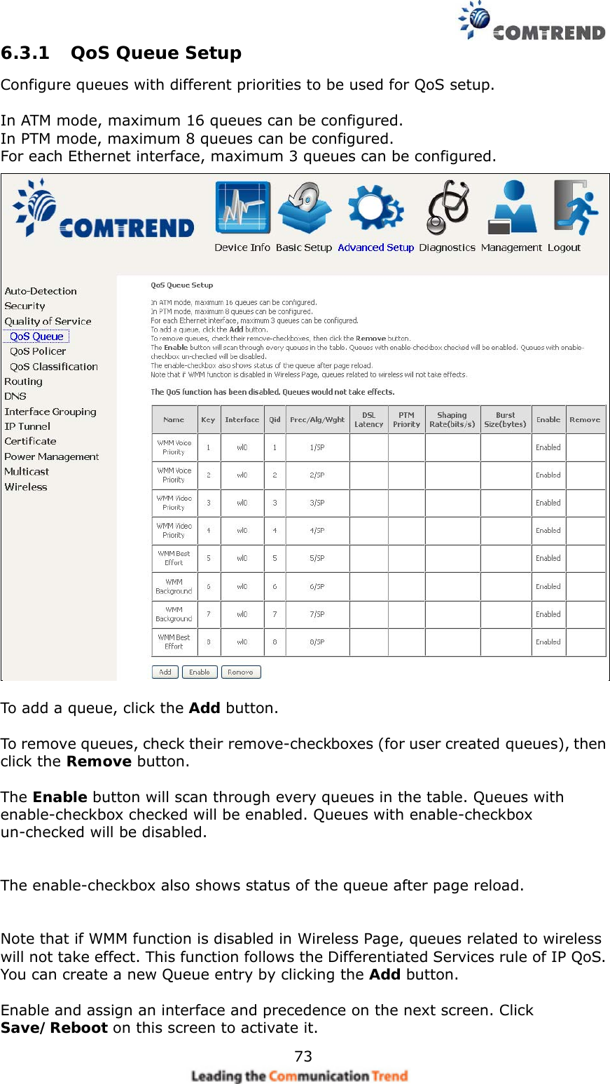    736.3.1  QoS Queue Setup Configure queues with different priorities to be used for QoS setup.  In ATM mode, maximum 16 queues can be configured. In PTM mode, maximum 8 queues can be configured. For each Ethernet interface, maximum 3 queues can be configured.   To add a queue, click the Add button.  To remove queues, check their remove-checkboxes (for user created queues), then click the Remove button.  The Enable button will scan through every queues in the table. Queues with enable-checkbox checked will be enabled. Queues with enable-checkbox un-checked will be disabled.   The enable-checkbox also shows status of the queue after page reload.   Note that if WMM function is disabled in Wireless Page, queues related to wireless will not take effect. This function follows the Differentiated Services rule of IP QoS. You can create a new Queue entry by clicking the Add button.    Enable and assign an interface and precedence on the next screen. Click Save/Reboot on this screen to activate it. 