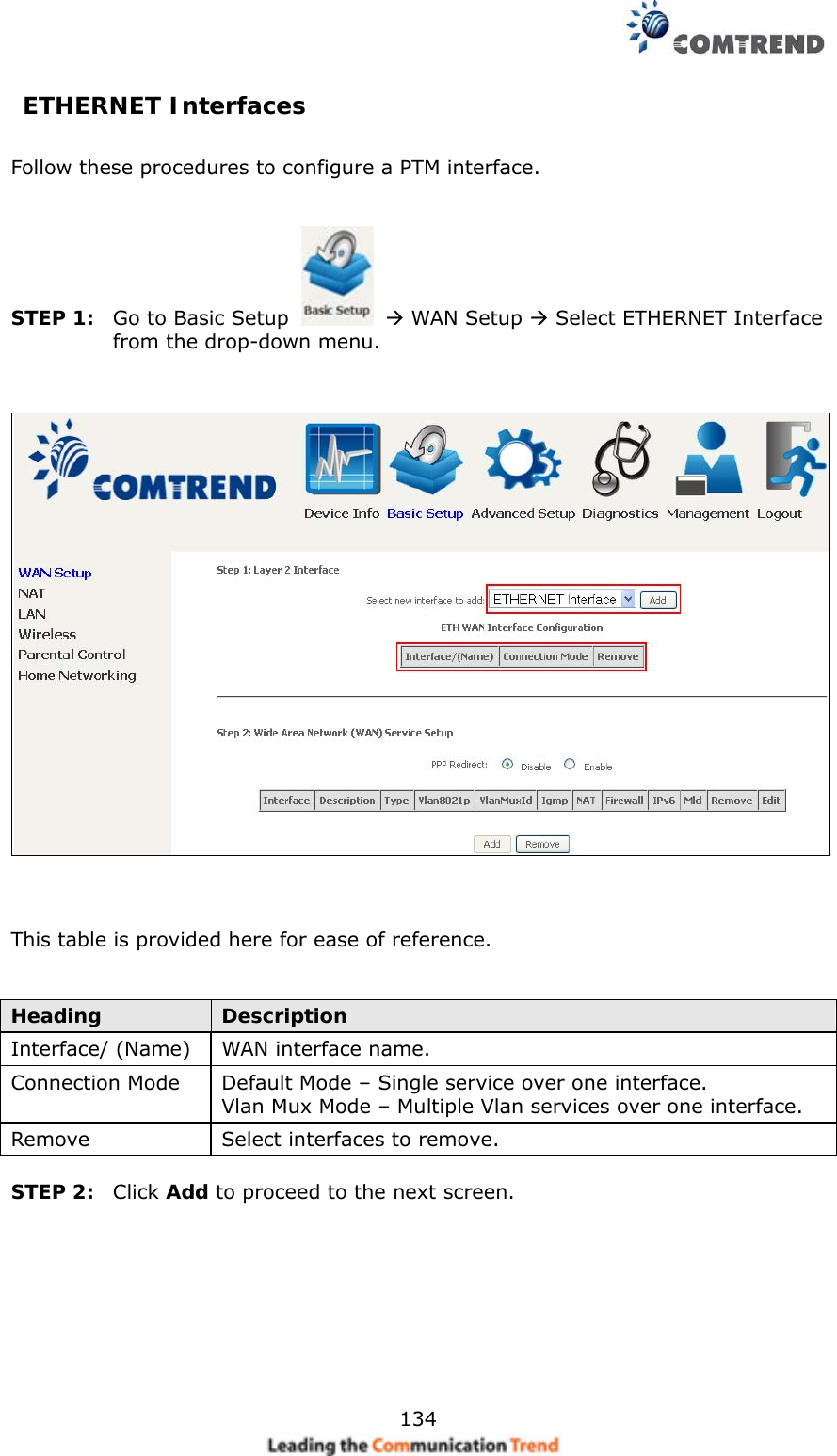    134 ETHERNET Interfaces Follow these procedures to configure a PTM interface.       STEP 1:  Go to Basic Setup    WAN Setup  Select ETHERNET Interface from the drop-down menu.       This table is provided here for ease of reference.   Heading  Description Interface/ (Name)  WAN interface name. Connection Mode  Default Mode – Single service over one interface. Vlan Mux Mode – Multiple Vlan services over one interface. Remove  Select interfaces to remove.  STEP 2:  Click Add to proceed to the next screen.     