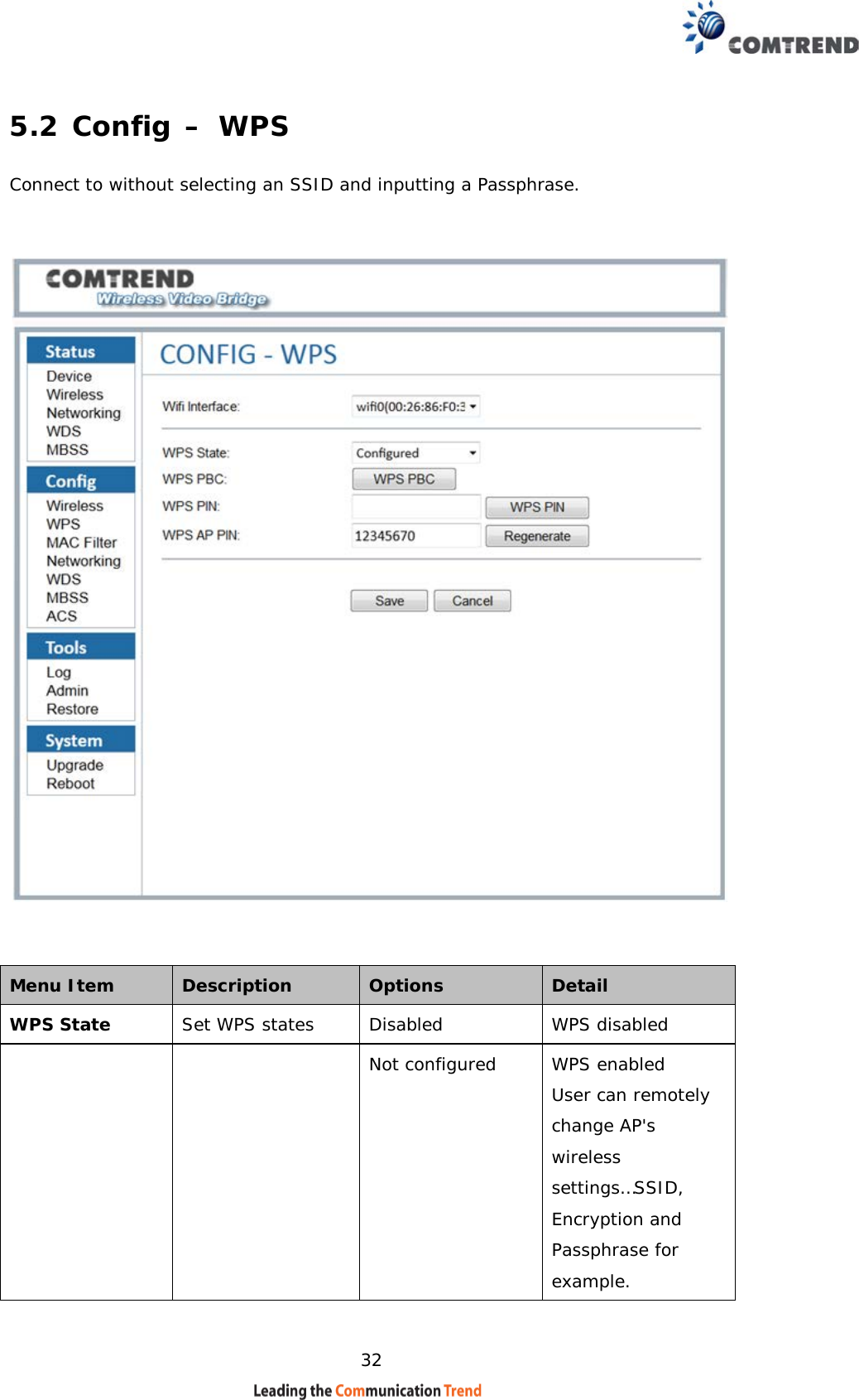    32 5.2 Config – WPS Connect to without selecting an SSID and inputting a Passphrase.        Menu Item  Description   Options   Detail  WPS State Set WPS states  Disabled  WPS disabled   Not configured  WPS enabled User can remotely change AP&apos;s wireless settings…SSID, Encryption and Passphrase for example. 