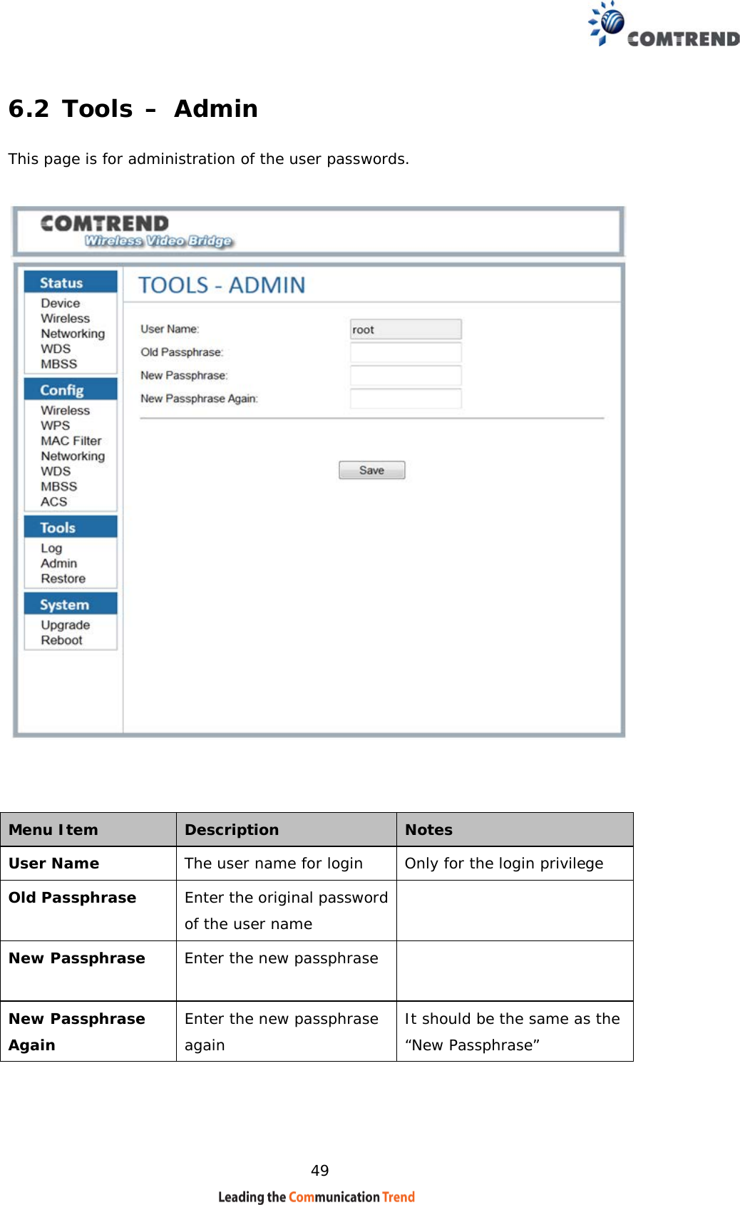    49 6.2 Tools – Admin This page is for administration of the user passwords.       Menu Item  Description  Notes  User Name  The user name for login Only for the login privilege  Old Passphrase  Enter the original password of the user name  New Passphrase  Enter the new passphrase    New Passphrase Again  Enter the new passphrase again It should be the same as the “New Passphrase” 