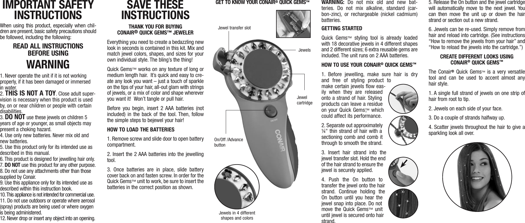 Page 1 of 2 - Conair Conair-Quick-Gems-Jeweler-Hj3Bc-Users-Manual-  Conair-quick-gems-jeweler-hj3bc-users-manual