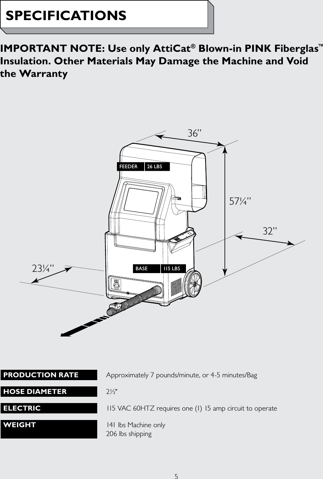 5PRODUCTION RATE Approximately 7 pounds/minute, or 4-5 minutes/Bag HOSE DIAMETER 2½&quot;ELECTRIC 115 VAC 60HTZ requires one (1) 15 amp circuit to operateWEIGHT 141 lbs Machine only 206 lbs shippingSPECIFICATIONSIMPORTANT NOTE: Use only AttiCat® Blown-in PINK Fiberglas™ Insulation. Other Materials May Damage the Machine and Void  the Warranty36”57¼”32”23¼”FEEDER 26 LBSBASE 115 LBS