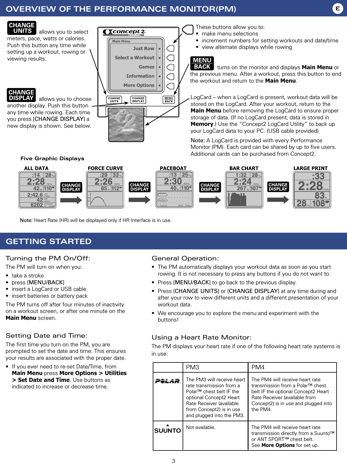 3        allows you to select meters, pace, watts or calories. Push this button any time while setting up a workout, rowing or viewing results.        allows you to choose another display. Push this button any time while rowing. Each time you press [CHANGE DISPLAY] a new display is shown. See below.OVERVIEW OF THE PERFORMANCE MONITOR(PM)LogCard – when a LogCard is present, workout data will be stored on the LogCard. After your workout, return to the Main Menu before removing the LogCard to ensure proper storage of data. (If no LogCard present, data is stored in Memory.) Use the “Concept2 LogCard Utility” to back up your LogCard data to your PC. (USB cable provided)Note: A LogCard is provided with every Performance Monitor (PM). Each card can be shared by up to ﬁve users. Additional cards can be purchased from Concept2.These buttons allow you to:•  make menu selections•  increment numbers for setting workouts and date/time•  view alternate displays while rowing         turns on the monitor and displays Main Menu or the previous menu. After a workout, press this button to end the workout and return to the Main Menu.Five Graphic DisplaysTurning the PM On/Off:The PM will turn on when you:•  take a stroke•  press [MENU/BACK]•  insert a LogCard or USB cable•  insert batteries or battery packThe PM turns off after four minutes of inactivity on a workout screen, or after one minute on the Main Menu screen.Setting Date and Time: The ﬁrst time you turn on the PM, you are prompted to set the date and time. This ensures your results are associated with the proper date.  •  If you ever need to re-set Date/Time, from Main Menu press More Options &gt; Utilities &gt; Set Date and Time. Use buttons as indicated to increase or decrease time.General Operation:•  The PM automatically displays your workout data as soon as you start rowing. It is not necessary to press any buttons if you do not want to.•  Press [MENU/BACK] to go back to the previous display.•  Press [CHANGE UNITS] or [CHANGE DISPLAY] at any time during and after your row to view different units and a different presentation of your workout data.•  We encourage you to explore the menu and experiment with the buttons! Using a Heart Rate Monitor:The PM displays your heart rate if one of the following heart rate systems is in use:PM3The PM3 will receive heart rate transmission from a Polar™ chest belt IF the optional Concept2 Heart Rate Receiver (available from Concept2) is in use and plugged into the PM3.Not available.PM4The PM4 will receive heart rate transmission from a Polar™ chest belt IF the optional Concept2 Heart Rate Receiver (available from Concept2) is in use and plugged into the PM4.The PM4 will receive heart rate transmission directly from a Suunto™ or ANT SPORT™ chest belt.   See More Options for set up.Note: Heart Rate (HR) will be displayed only if HR Interface is in use.GETTING STARTEDALL DATA   FORCE CURVE  PACEBOAT  BAR CHART  LARGE PRINT