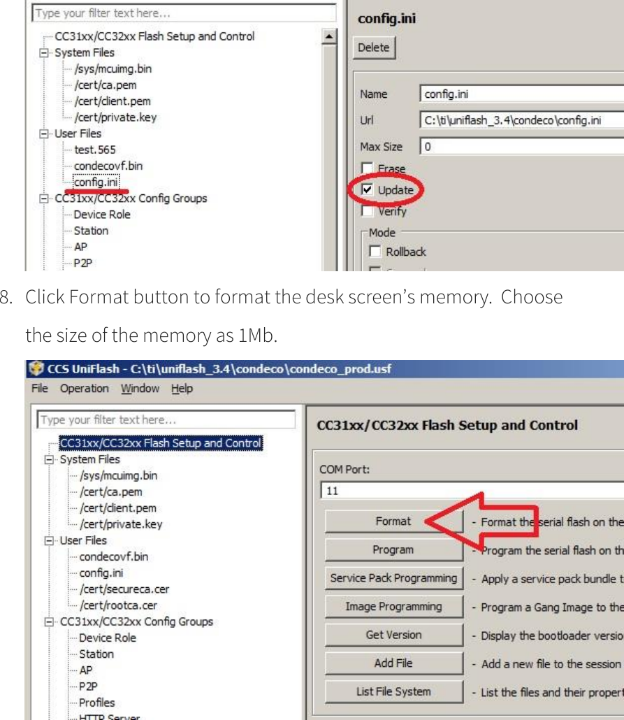       8. Click Format button to format the desk screen’s memory.  Choose the size of the memory as 1Mb.   