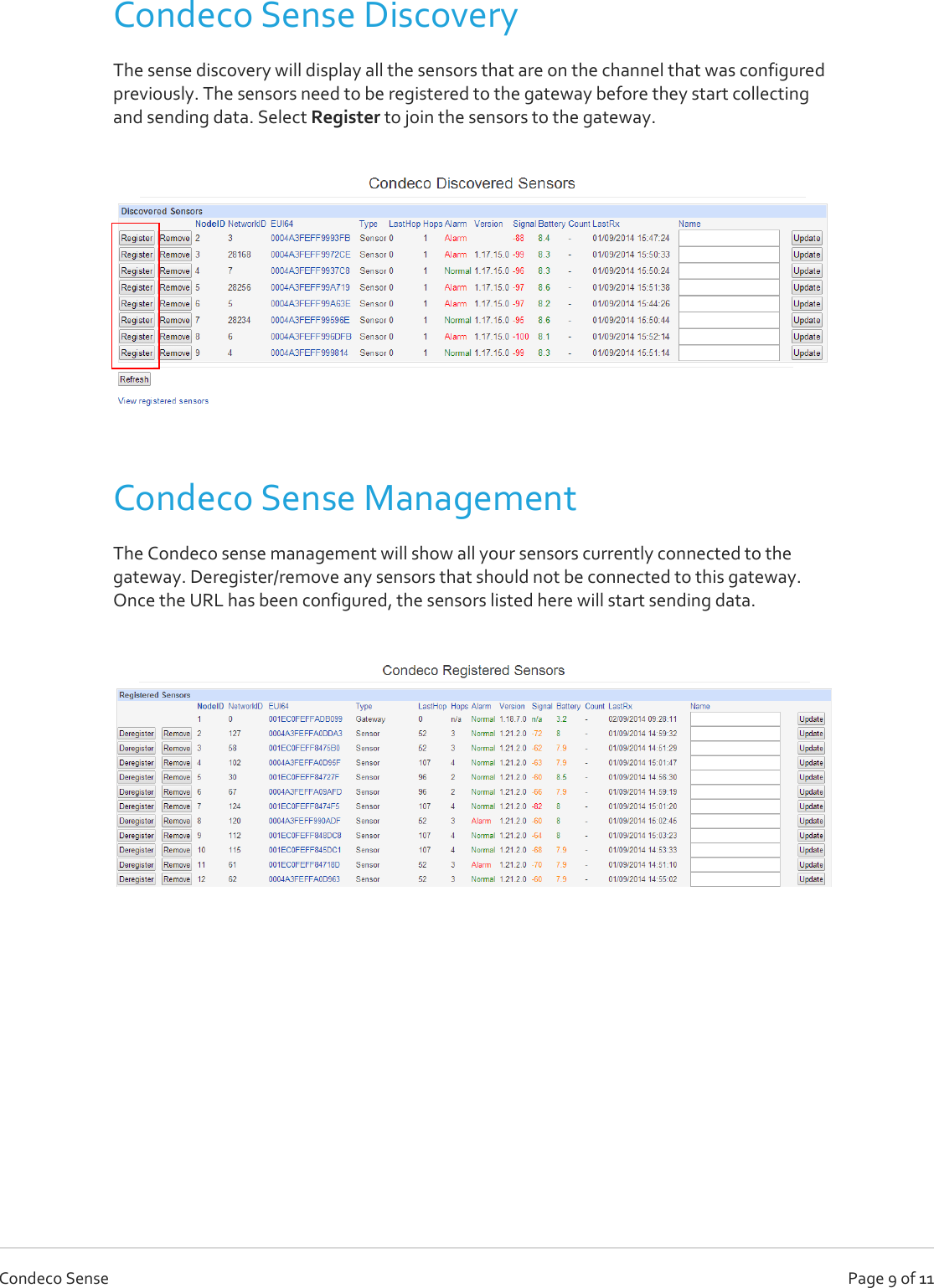   Page 9 of 11 Condeco Sense Condeco Sense Discovery The sense discovery will display all the sensors that are on the channel that was configured previously. The sensors need to be registered to the gateway before they start collecting and sending data. Select Register to join the sensors to the gateway.    Condeco Sense Management The Condeco sense management will show all your sensors currently connected to the gateway. Deregister/remove any sensors that should not be connected to this gateway. Once the URL has been configured, the sensors listed here will start sending data.               