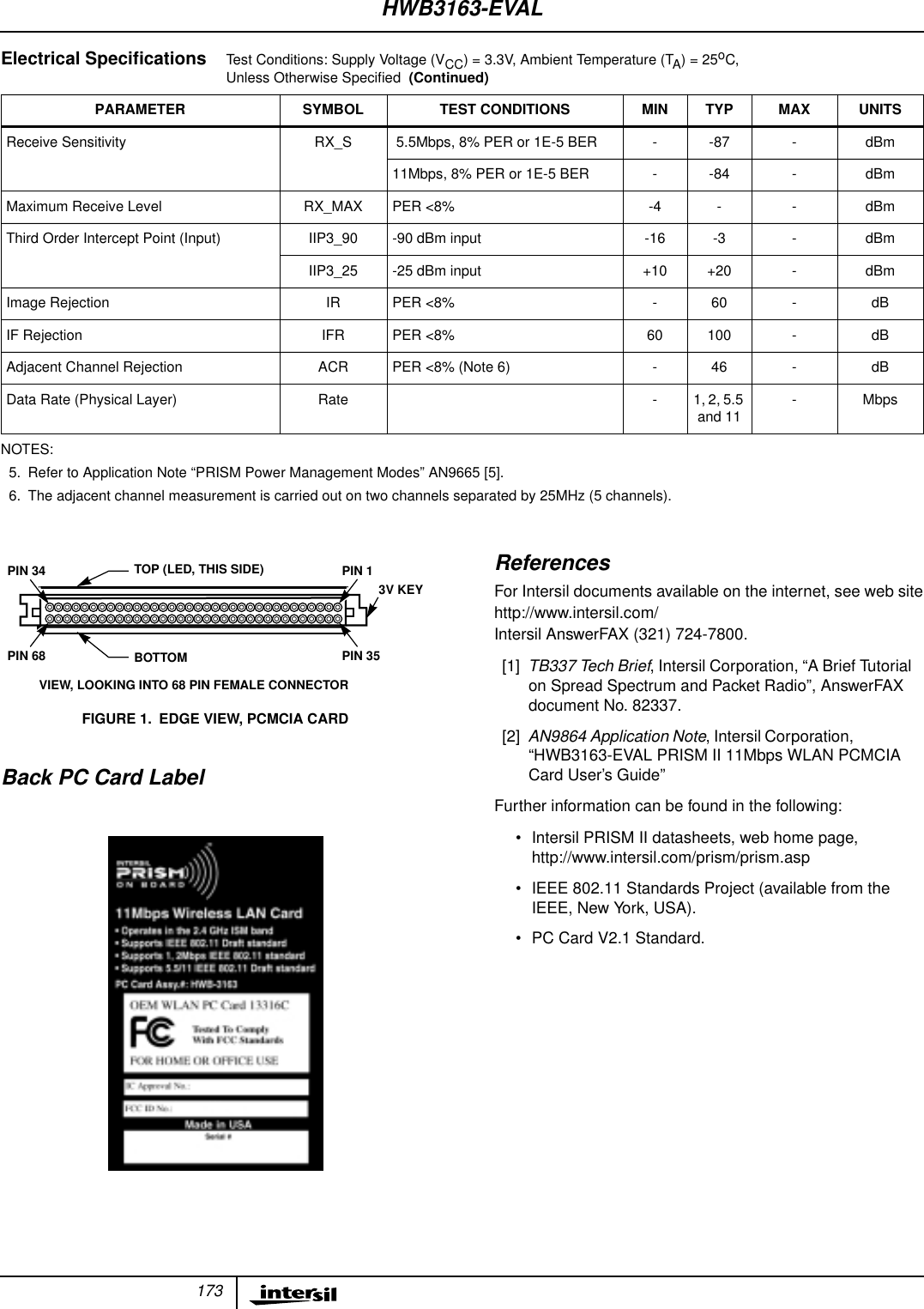 173Back PC Card LabelReferencesFor Intersil documents available on the internet, see web sitehttp://www.intersil.com/Intersil AnswerFAX (321) 724-7800.[1] TB337 Tech Brief, Intersil Corporation, &ldquo;A Brief Tutorialon Spread Spectrum and Packet Radio&rdquo;, AnswerFAXdocument No. 82337.[2] AN9864 Application Note, Intersil Corporation,&ldquo;HWB3163-EVAL PRISM II 11Mbps WLAN PCMCIACard User&rsquo;s Guide&rdquo;Further information can be found in the following:&bull; Intersil PRISM II datasheets, web home page,http://www.intersil.com/prism/prism.asp&bull; IEEE 802.11 Standards Project (available from theIEEE, New York, USA).&bull; PC Card V2.1 Standard.Receive Sensitivity RX_S  5.5Mbps, 8% PER or 1E-5 BER - -87 - dBm11Mbps, 8% PER or 1E-5 BER - -84 - dBmMaximum Receive Level RX_MAX PER <8% -4 - - dBmThird Order Intercept Point (Input) IIP3_90 -90 dBm input -16 -3 - dBmIIP3_25 -25 dBm input +10 +20 - dBmImage Rejection IR PER <8% - 60 - dBIF Rejection IFR PER <8% 60 100 - dBAdjacent Channel Rejection ACR PER <8% (Note 6) - 46 - dBData Rate (Physical Layer) Rate - 1, 2, 5.5and 11- MbpsNOTES:5. Refer to Application Note &ldquo;PRISM Power Management Modes&rdquo; AN9665 [5].6. The adjacent channel measurement is carried out on two channels separated by 25MHz (5 channels).Electrical Speciﬁcations Test Conditions: Supply Voltage (VCC) = 3.3V, Ambient Temperature (TA) = 25oC,Unless Otherwise Speciﬁed  (Continued)PARAMETER SYMBOL TEST CONDITIONS MIN TYP MAX UNITSPIN 1PIN 35PIN 34PIN 68TOP (LED, THIS SIDE)BOTTOMVIEW, LOOKING INTO 68 PIN FEMALE CONNECTOR3V KEYFIGURE 1. EDGE VIEW, PCMCIA CARDHWB3163-EVAL