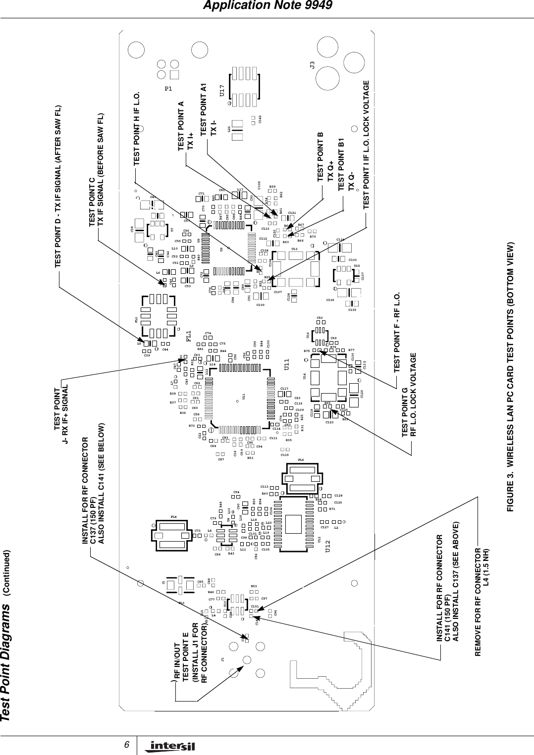 6FIGURE 3. WIRELESS LAN PC CARD TEST POINTS (BOTTOM VIEW)Test Point Diagrams (Continued)C37J1L15L4C77R46FL3U10C28C96C97C141C151C65C48L11C66 R43C82C105R53L8FL4C73U8 L13C79C98L16L19L20C106C101L18U12C127R71U12L2C90R50R48C54C113R60R54R68C128C126C22C68C59C95C83C87 R51C16C111C115C114C94R35FL5R31C58C60C61R38R37R36R73U11C117C67C78C118C123C116 R65C23R25C109C129C125R69L7C44C39C62C49C47R39C63R81R80L12C92C86R44L14U11U14R75C132R77R76C130FL1L5FL1C74C75C103C99R84U16C50C135C69L6C46C45L9C72C53C76C84C89C91C80C124C100R55R52C107R56C136U15C137C38U7C40C42U9L10C55C51C52C56R40U9C112R63C108C104C110C120U13R70R66 C134C133C43C41C71C57C70R45C93C81 L17R49R47C88C85R64R61R57R58R59R62C121R67C102L22C142P1U17J3INSTALL FOR RF CONNECTORTEST POINT D - TX IF SIGNAL (AFTER SAW FL)REMOVE FOR RF CONNECTORC141 (150 PF)L4 (1.5 NH)INSTALL FOR RF CONNECTORC137 (150 PF)ALSO INSTALL C141 (SEE BELOW)ALSO INSTALL C137 (SEE ABOVE)RF IN/OUTTEST POINT E(INSTALL J1 FOR)RF CONNECTOR)J- RX IF+ SIGNALTEST POINTTEST POINT CTX IF SIGNAL (BEFORE SAW FL)TEST POINT F - RF L.O.TEST POINT GRF L.O. LOCK VOLTAGETEST POINT ATX I+TEST POINT A1TX I-TEST POINT BTX Q+TEST POINT B1TX Q-TEST POINT I IF L.O. LOCK VOLTAGETEST POINT H IF L.O.Application Note 9949