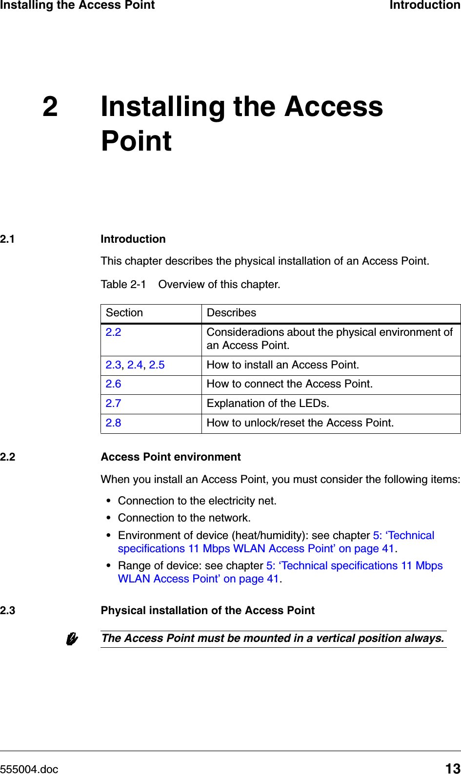 555004.doc 13Installing the Access Point Introduction2 Installing the Access Point2.1 IntroductionThis chapter describes the physical installation of an Access Point. 2.2 Access Point environmentWhen you install an Access Point, you must consider the following items:&bull;Connection to the electricity net.&bull;Connection to the network.&bull;Environment of device (heat/humidity): see chapter 5: &lsquo;Technical specifications 11 Mbps WLAN Access Point&rsquo; on page 41.&bull;Range of device: see chapter 5: &lsquo;Technical specifications 11 Mbps WLAN Access Point&rsquo; on page 41.2.3 Physical installation of the Access PointwwwwThe Access Point must be mounted in a vertical position always.Table 2-1 Overview of this chapter.Section Describes2.2 Consideradions about the physical environment of an Access Point. 2.3, 2.4, 2.5 How to install an Access Point.2.6 How to connect the Access Point.2.7 Explanation of the LEDs.2.8 How to unlock/reset the Access Point.