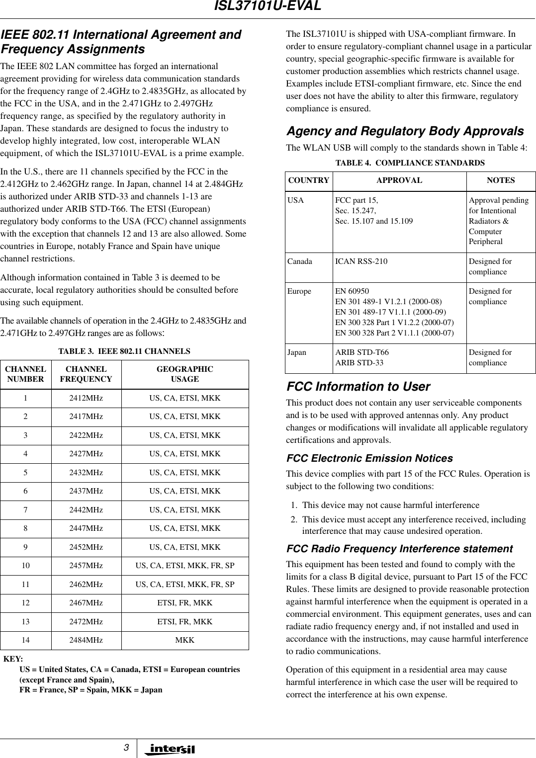 3IEEE 802.11 International Agreement andFrequency AssignmentsThe IEEE 802 LAN committee has forged an internationalagreement providing for wireless data communication standardsfor the frequency range of 2.4GHz to 2.4835GHz, as allocated bythe FCC in the USA, and in the 2.471GHz to 2.497GHzfrequency range, as specified by the regulatory authority inJapan. These standards are designed to focus the industry todevelop highly integrated, low cost, interoperable WLANequipment, of which the ISL37101U-EVAL is a prime example.In the U.S., there are 11 channels specified by the FCC in the2.412GHz to 2.462GHz range. In Japan, channel 14 at 2.484GHzis authorized under ARIB STD-33 and channels 1-13 areauthorized under ARIB STD-T66. The ETSl (European)regulatory body conforms to the USA (FCC) channel assignmentswith the exception that channels 12 and 13 are also allowed. Somecountries in Europe, notably France and Spain have uniquechannel restrictions.Although information contained in Table 3 is deemed to beaccurate, local regulatory authorities should be consulted beforeusing such equipment.The available channels of operation in the 2.4GHz to 2.4835GHz and2.471GHz to 2.497GHz ranges are as follows:The ISL37101U is shipped with USA-compliant firmware. Inorder to ensure regulatory-compliant channel usage in a particularcountry, special geographic-specific firmware is available forcustomer production assemblies which restricts channel usage.Examples include ETSI-compliant firmware, etc. Since the enduser does not have the ability to alter this firmware, regulatorycompliance is ensured.Agency and Regulatory Body ApprovalsThe WLAN USB will comply to the standards shown in Table 4:FCC Information to UserThis product does not contain any user serviceable componentsand is to be used with approved antennas only. Any productchanges or modifications will invalidate all applicable regulatorycertifications and approvals.FCC Electronic Emission NoticesThis device complies with part 15 of the FCC Rules. Operation issubject to the following two conditions:1. This device may not cause harmful interference2. This device must accept any interference received, includinginterference that may cause undesired operation.FCC Radio Frequency Interference statementThis equipment has been tested and found to comply with thelimits for a class B digital device, pursuant to Part 15 of the FCCRules. These limits are designed to provide reasonable protectionagainst harmful interference when the equipment is operated in acommercial environment. This equipment generates, uses and canradiate radio frequency energy and, if not installed and used inaccordance with the instructions, may cause harmful interferenceto radio communications.Operation of this equipment in a residential area may causeharmful interference in which case the user will be required tocorrect the interference at his own expense.TABLE 3. IEEE 802.11 CHANNELSCHANNELNUMBER CHANNELFREQUENCY GEOGRAPHICUSAGE1 2412MHz US, CA, ETSI, MKK2 2417MHz US, CA, ETSI, MKK3 2422MHz US, CA, ETSI, MKK4 2427MHz US, CA, ETSI, MKK5 2432MHz US, CA, ETSI, MKK6 2437MHz US, CA, ETSI, MKK7 2442MHz US, CA, ETSI, MKK8 2447MHz US, CA, ETSI, MKK9 2452MHz US, CA, ETSI, MKK10 2457MHz US, CA, ETSI, MKK, FR, SP11 2462MHz US, CA, ETSI, MKK, FR, SP12 2467MHz ETSI, FR, MKK13 2472MHz ETSI, FR, MKK14 2484MHz MKKKEY:US = United States, CA = Canada, ETSI = European countries(except France and Spain),FR = France, SP = Spain, MKK = JapanTABLE 4. COMPLIANCE STANDARDSCOUNTRY APPROVAL NOTESUSA FCC part 15,Sec. 15.247,Sec. 15.107 and 15.109Approval pendingfor IntentionalRadiators &amp;ComputerPeripheralCanada ICAN RSS-210 Designed forcomplianceEurope EN 60950EN 301 489-1 V1.2.1 (2000-08)EN 301 489-17 V1.1.1 (2000-09)EN 300 328 Part 1 V1.2.2 (2000-07)EN 300 328 Part 2 V1.1.1 (2000-07)Designed forcomplianceJapan ARIB STD-T66ARIB STD-33Designed forcomplianceISL37101U-EVAL