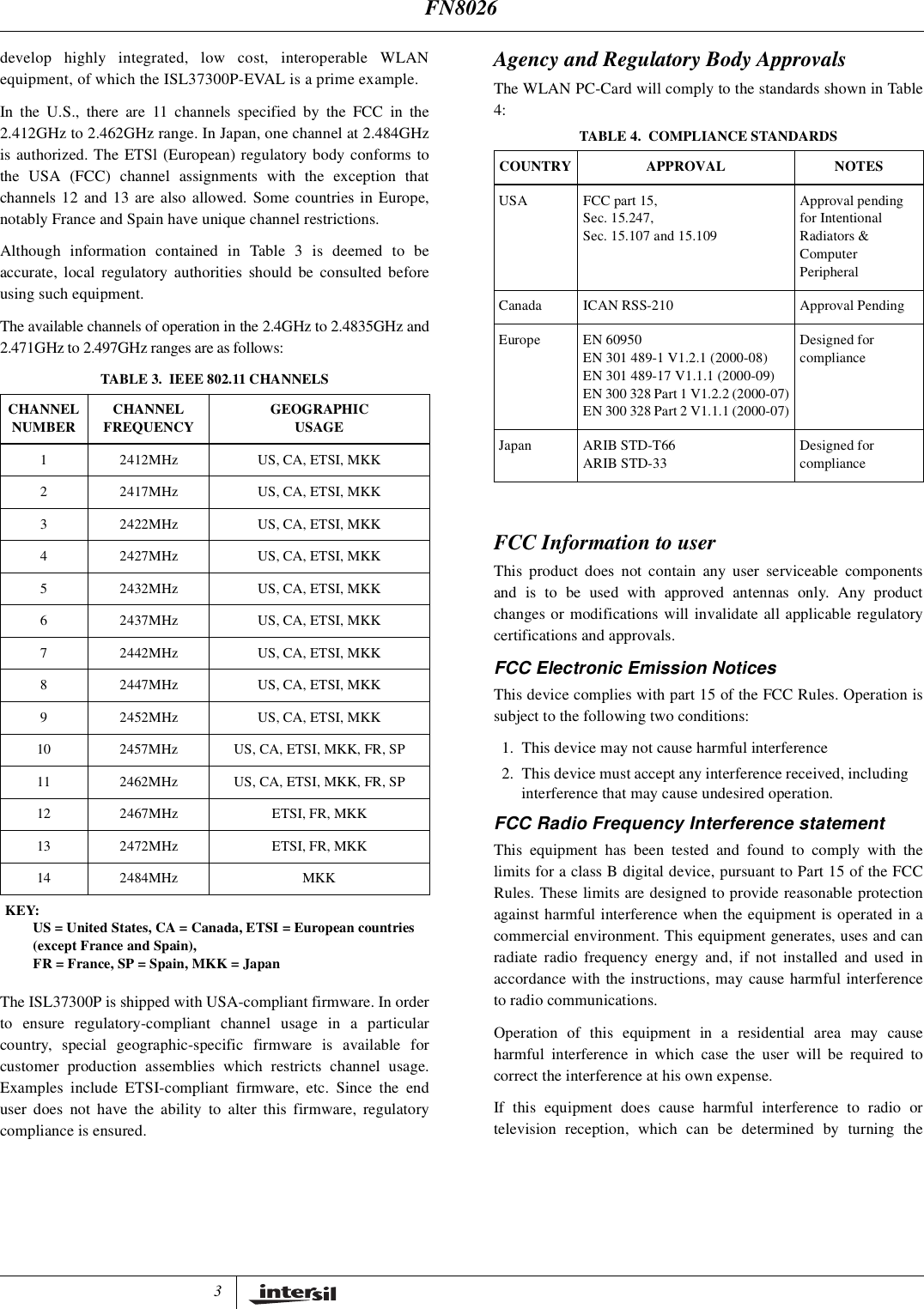 3develop highly integrated, low cost, interoperable WLANequipment, of which the ISL37300P-EVAL is a prime example.In the U.S., there are 11 channels specified by the FCC in the2.412GHz to 2.462GHz range. In Japan, one channel at 2.484GHzis authorized. The ETSl (European) regulatory body conforms tothe USA (FCC) channel assignments with the exception thatchannels 12 and 13 are also allowed. Some countries in Europe,notably France and Spain have unique channel restrictions.Although information contained in Table 3 is deemed to beaccurate, local regulatory authorities should be consulted beforeusing such equipment.The available channels of operation in the 2.4GHz to 2.4835GHz and2.471GHz to 2.497GHz ranges are as follows:The ISL37300P is shipped with USA-compliant firmware. In orderto ensure regulatory-compliant channel usage in a particularcountry, special geographic-specific firmware is available forcustomer production assemblies which restricts channel usage.Examples include ETSI-compliant firmware, etc. Since the enduser does not have the ability to alter this firmware, regulatorycompliance is ensured.Agency and Regulatory Body ApprovalsThe WLAN PC-Card will comply to the standards shown in Table4:FCC Information to userThis product does not contain any user serviceable componentsand is to be used with approved antennas only. Any productchanges or modifications will invalidate all applicable regulatorycertifications and approvals.FCC Electronic Emission NoticesThis device complies with part 15 of the FCC Rules. Operation issubject to the following two conditions:1. This device may not cause harmful interference2. This device must accept any interference received, includinginterference that may cause undesired operation.FCC Radio Frequency Interference statementThis equipment has been tested and found to comply with thelimits for a class B digital device, pursuant to Part 15 of the FCCRules. These limits are designed to provide reasonable protectionagainst harmful interference when the equipment is operated in acommercial environment. This equipment generates, uses and canradiate radio frequency energy and, if not installed and used inaccordance with the instructions, may cause harmful interferenceto radio communications.Operation of this equipment in a residential area may causeharmful interference in which case the user will be required tocorrect the interference at his own expense.If this equipment does cause harmful interference to radio ortelevision reception, which can be determined by turning theTABLE 3. IEEE 802.11 CHANNELSCHANNELNUMBER CHANNELFREQUENCY GEOGRAPHICUSAGE1 2412MHz US, CA, ETSI, MKK2 2417MHz US, CA, ETSI, MKK3 2422MHz US, CA, ETSI, MKK4 2427MHz US, CA, ETSI, MKK5 2432MHz US, CA, ETSI, MKK6 2437MHz US, CA, ETSI, MKK7 2442MHz US, CA, ETSI, MKK8 2447MHz US, CA, ETSI, MKK9 2452MHz US, CA, ETSI, MKK10 2457MHz US, CA, ETSI, MKK, FR, SP11 2462MHz US, CA, ETSI, MKK, FR, SP12 2467MHz ETSI, FR, MKK13 2472MHz ETSI, FR, MKK14 2484MHz MKKKEY:US = United States, CA = Canada, ETSI = European countries(except France and Spain),FR=France,SP=Spain,MKK=JapanTABLE 4. COMPLIANCE STANDARDSCOUNTRY APPROVAL NOTESUSA FCC part 15,Sec. 15.247,Sec. 15.107 and 15.109Approval pendingfor IntentionalRadiators &amp;ComputerPeripheralCanada ICAN RSS-210 Approval PendingEurope EN 60950EN 301 489-1 V1.2.1 (2000-08)EN 301 489-17 V1.1.1 (2000-09)EN 300 328 Part 1 V1.2.2 (2000-07)EN 300 328 Part 2 V1.1.1 (2000-07)Designed forcomplianceJapan ARIB STD-T66ARIB STD-33Designed forcomplianceFN8026