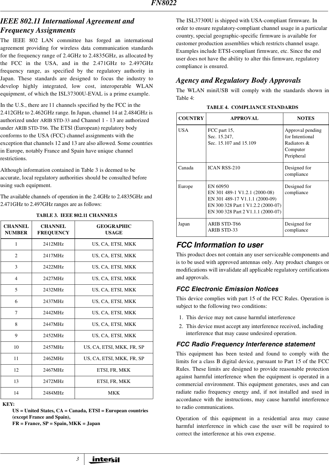 3IEEE 802.11 International Agreement and Frequency AssignmentsThe IEEE 802 LAN committee has forged an internationalagreement providing for wireless data communication standardsfor the frequency range of 2.4GHz to 2.4835GHz, as allocated bythe FCC in the USA, and in the 2.471GHz to 2.497GHzfrequency range, as specified by the regulatory authority inJapan. These standards are designed to focus the industry todevelop highly integrated, low cost, interoperable WLANequipment, of which the ISL37300U-EVAL is a prime example.In the U.S., there are 11 channels specified by the FCC in the 2.412GHz to 2.462GHz range. In Japan, channel 14 at 2.484GHz is authorized under ARIB STD-33 and Channel 1 - 13 are authorized under ARIB STD-T66. The ETSl (European) regulatory body conforms to the USA (FCC) channel assignments with the exception that channels 12 and 13 are also allowed. Some countries in Europe, notably France and Spain have unique channel restrictions.Although information contained in Table 3 is deemed to be accurate, local regulatory authorities should be consulted before using such equipment. The available channels of operation in the 2.4GHz to 2.4835GHz and 2.471GHz to 2.497GHz ranges are as follows:The ISL37300U is shipped with USA-compliant firmware. In order to ensure regulatory-compliant channel usage in a particular country, special geographic-specific firmware is available for customer production assemblies which restricts channel usage. Examples include ETSI-compliant firmware, etc. Since the end user does not have the ability to alter this firmware, regulatory compliance is ensured.Agency and Regulatory Body ApprovalsThe WLAN miniUSB will comply with the standards shown inTable 4:FCC Information to userThis product does not contain any user serviceable components andis to be used with approved antennas only. Any product changes ormodifications will invalidate all applicable regulatory certificationsand approvals.FCC Electronic Emission NoticesThis device complies with part 15 of the FCC Rules. Operation issubject to the following two conditions:1. This device may not cause harmful interference2. This device must accept any interference received, including interference that may cause undesired operation.FCC Radio Frequency Interference statementThis equipment has been tested and found to comply with thelimits for a class B digital device, pursuant to Part 15 of the FCCRules. These limits are designed to provide reasonable protectionagainst harmful interference when the equipment is operated in acommercial environment. This equipment generates, uses and canradiate radio frequency energy and, if not installed and used inaccordance with the instructions, may cause harmful interferenceto radio communications.Operation of this equipment in a residential area may causeharmful interference in which case the user will be required tocorrect the interference at his own expense.TABLE 3. IEEE 802.11 CHANNELSCHANNELNUMBER CHANNELFREQUENCY GEOGRAPHICUSAGE1 2412MHz US, CA, ETSI, MKK2 2417MHz US, CA, ETSI, MKK3 2422MHz US, CA, ETSI, MKK4 2427MHz US, CA, ETSI, MKK5 2432MHz US, CA, ETSI, MKK6 2437MHz US, CA, ETSI, MKK7 2442MHz US, CA, ETSI, MKK8 2447MHz US, CA, ETSI, MKK9 2452MHz US, CA, ETSI, MKK10 2457MHz US, CA, ETSI, MKK, FR, SP11 2462MHz US, CA, ETSI, MKK, FR, SP12 2467MHz ETSI, FR, MKK13 2472MHz ETSI, FR, MKK14 2484MHz MKKKEY:US = United States, CA = Canada, ETSI = European countries (except France and Spain), FR = France, SP = Spain, MKK = JapanTABLE 4. COMPLIANCE STANDARDSCOUNTRY APPROVAL NOTESUSA FCC part 15,Sec. 15.247,Sec. 15.107 and 15.109Approval pending for Intentional Radiators &amp; Computer PeripheralCanada ICAN RSS-210 Designed for complianceEurope EN 60950EN 301 489-1 V1.2.1 (2000-08)EN 301 489-17 V1.1.1 (2000-09)EN 300 328 Part 1 V1.2.2 (2000-07)EN 300 328 Part 2 V1.1.1 (2000-07)Designed for complianceJapan ARIB STD-T66ARIB STD-33Designed for complianceFN8022