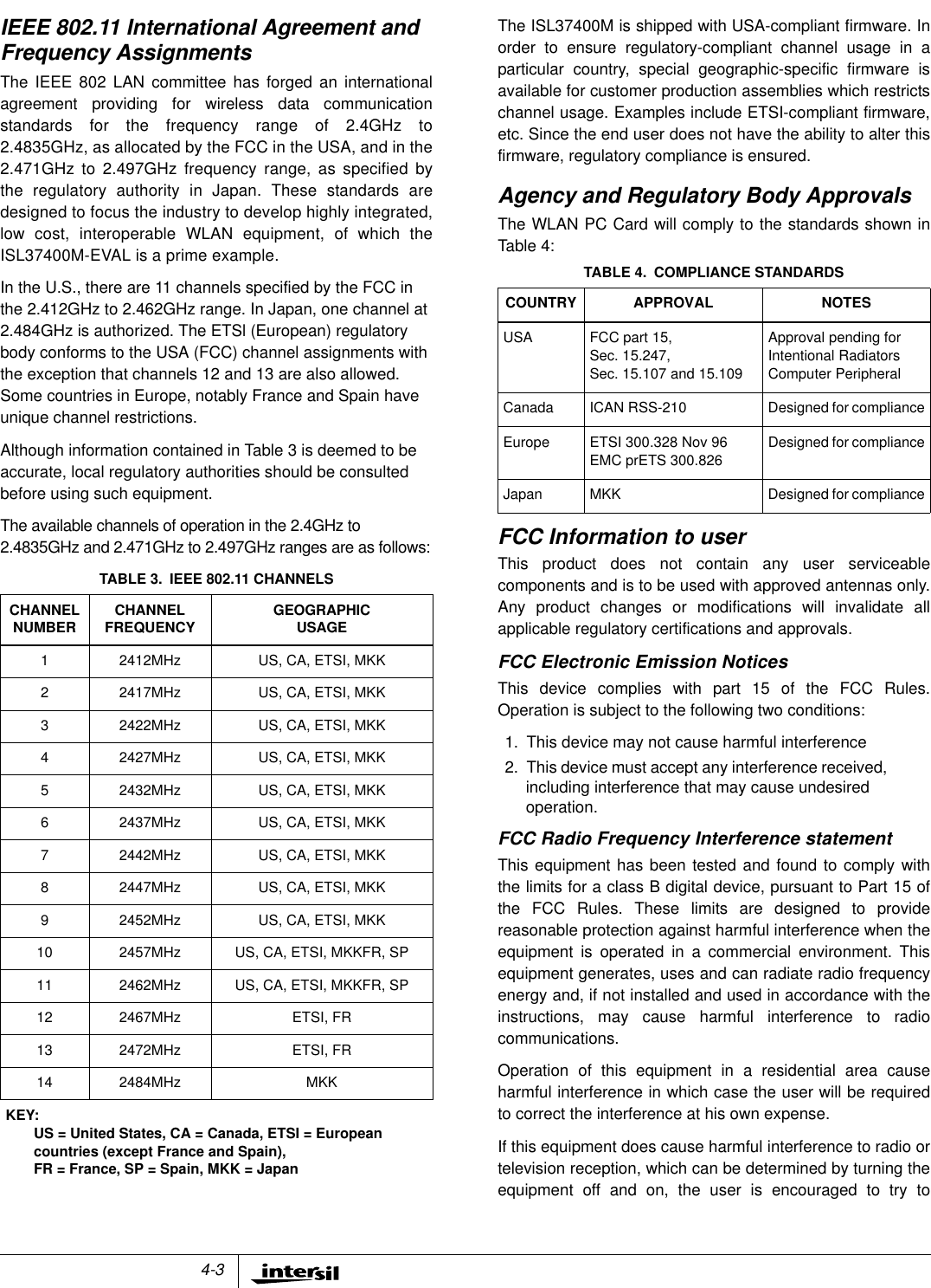 4-3IEEE 802.11 International Agreement andFrequency AssignmentsThe IEEE 802 LAN committee has forged an internationalagreement providing for wireless data communicationstandards for the frequency range of 2.4GHz to2.4835GHz, as allocated by the FCC in the USA, and in the2.471GHz to 2.497GHz frequency range, as specified bythe regulatory authority in Japan. These standards aredesigned to focus the industry to develop highly integrated,low cost, interoperable WLAN equipment, of which theISL37400M-EVAL is a prime example.In the U.S., there are 11 channels specified by the FCC inthe 2.412GHz to 2.462GHz range. In Japan, one channel at2.484GHz is authorized. The ETSl (European) regulatorybody conforms to the USA (FCC) channel assignments withthe exception that channels 12 and 13 are also allowed.Some countries in Europe, notably France and Spain haveunique channel restrictions.Although information contained in Table 3 is deemed to beaccurate, local regulatory authorities should be consultedbefore using such equipment.The available channels of operation in the 2.4GHz to2.4835GHz and 2.471GHz to 2.497GHz ranges are as follows:The ISL37400M is shipped with USA-compliant firmware. Inorder to ensure regulatory-compliant channel usage in aparticular country, special geographic-specific firmware isavailable for customer production assemblies which restrictschannel usage. Examples include ETSI-compliant firmware,etc. Since the end user does not have the ability to alter thisfirmware, regulatory compliance is ensured.Agency and Regulatory Body ApprovalsThe WLAN PC Card will comply to the standards shown inTable 4:FCC Information to userThis product does not contain any user serviceablecomponents and is to be used with approved antennas only.Any product changes or modifications will invalidate allapplicable regulatory certifications and approvals.FCC Electronic Emission NoticesThis device complies with part 15 of the FCC Rules.Operation is subject to the following two conditions:1. This device may not cause harmful interference2. This device must accept any interference received,including interference that may cause undesiredoperation.FCC Radio Frequency Interference statementThis equipment has been tested and found to comply withthe limits for a class B digital device, pursuant to Part 15 ofthe FCC Rules. These limits are designed to providereasonable protection against harmful interference when theequipment is operated in a commercial environment. Thisequipment generates, uses and can radiate radio frequencyenergy and, if not installed and used in accordance with theinstructions, may cause harmful interference to radiocommunications.Operation of this equipment in a residential area causeharmful interference in which case the user will be requiredto correct the interference at his own expense.If this equipment does cause harmful interference to radio ortelevision reception, which can be determined by turning theequipment off and on, the user is encouraged to try toTABLE 3. IEEE 802.11 CHANNELSCHANNELNUMBER CHANNELFREQUENCY GEOGRAPHICUSAGE1 2412MHz US, CA, ETSI, MKK2 2417MHz US, CA, ETSI, MKK3 2422MHz US, CA, ETSI, MKK4 2427MHz US, CA, ETSI, MKK5 2432MHz US, CA, ETSI, MKK6 2437MHz US, CA, ETSI, MKK7 2442MHz US, CA, ETSI, MKK8 2447MHz US, CA, ETSI, MKK9 2452MHz US, CA, ETSI, MKK10 2457MHz US, CA, ETSI, MKKFR, SP11 2462MHz US, CA, ETSI, MKKFR, SP12 2467MHz ETSI, FR13 2472MHz ETSI, FR14 2484MHz MKKKEY:US = United States, CA = Canada, ETSI = Europeancountries (except France and Spain),FR = France, SP = Spain, MKK = JapanTABLE 4. COMPLIANCE STANDARDSCOUNTRY APPROVAL NOTESUSA FCC part 15,Sec. 15.247,Sec. 15.107 and 15.109Approval pending forIntentional RadiatorsComputer PeripheralCanada ICAN RSS-210 Designed for complianceEurope ETSI 300.328 Nov 96EMC prETS 300.826Designed for complianceJapan MKK Designed for compliance