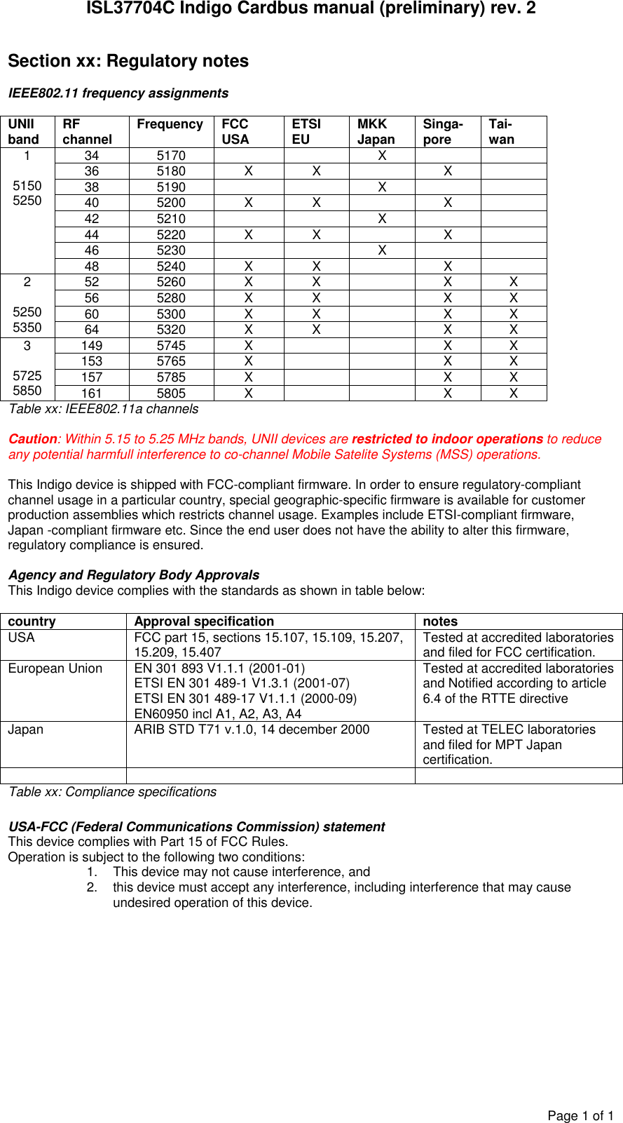 ISL37704C Indigo Cardbus manual (preliminary) rev. 2 Page 1 of 1 Section xx: Regulatory notes  IEEE802.11 frequency assignments  UNII band  RF channel  Frequency FCC USA  ETSI EU  MKK Japan  Singa- pore  Tai- wan 34 5170      X     36 5180 X X  X  38 5190      X     40 5200 X X  X  42 5210      X     44 5220 X X  X  46 5230      X     1  5150 5250 48 5240 X X  X  52 5260 X X    X X 56 5280 X X    X X 60 5300 X X    X X 2  5250 5350  64 5320 X X    X X 149 5745  X      X  X 153 5765  X      X  X 157 5785  X      X  X 3  5725 5850  161 5805  X      X  X Table xx: IEEE802.11a channels  Caution: Within 5.15 to 5.25 MHz bands, UNII devices are restricted to indoor operations to reduce any potential harmfull interference to co-channel Mobile Satelite Systems (MSS) operations.  This Indigo device is shipped with FCC-compliant firmware. In order to ensure regulatory-compliant channel usage in a particular country, special geographic-specific firmware is available for customer production assemblies which restricts channel usage. Examples include ETSI-compliant firmware, Japan -compliant firmware etc. Since the end user does not have the ability to alter this firmware, regulatory compliance is ensured.  Agency and Regulatory Body Approvals This Indigo device complies with the standards as shown in table below:  country Approval specification  notes USA  FCC part 15, sections 15.107, 15.109, 15.207, 15.209, 15.407  Tested at accredited laboratories and filed for FCC certification. European Union  EN 301 893 V1.1.1 (2001-01) ETSI EN 301 489-1 V1.3.1 (2001-07) ETSI EN 301 489-17 V1.1.1 (2000-09) EN60950 incl A1, A2, A3, A4 Tested at accredited laboratories and Notified according to article 6.4 of the RTTE directive Japan  ARIB STD T71 v.1.0, 14 december 2000  Tested at TELEC laboratories and filed for MPT Japan certification.     Table xx: Compliance specifications  USA-FCC (Federal Communications Commission) statement This device complies with Part 15 of FCC Rules. Operation is subject to the following two conditions: 1.  This device may not cause interference, and 2.  this device must accept any interference, including interference that may cause undesired operation of this device.  