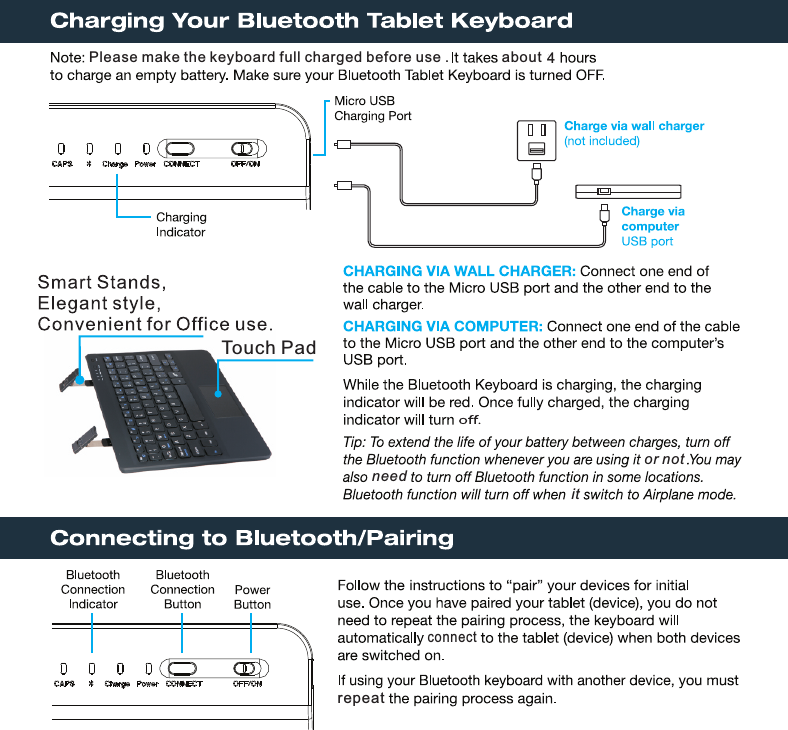 4Touch PadPlease make the keyboard full charged before use .aboutor notitconnectrepeatneed