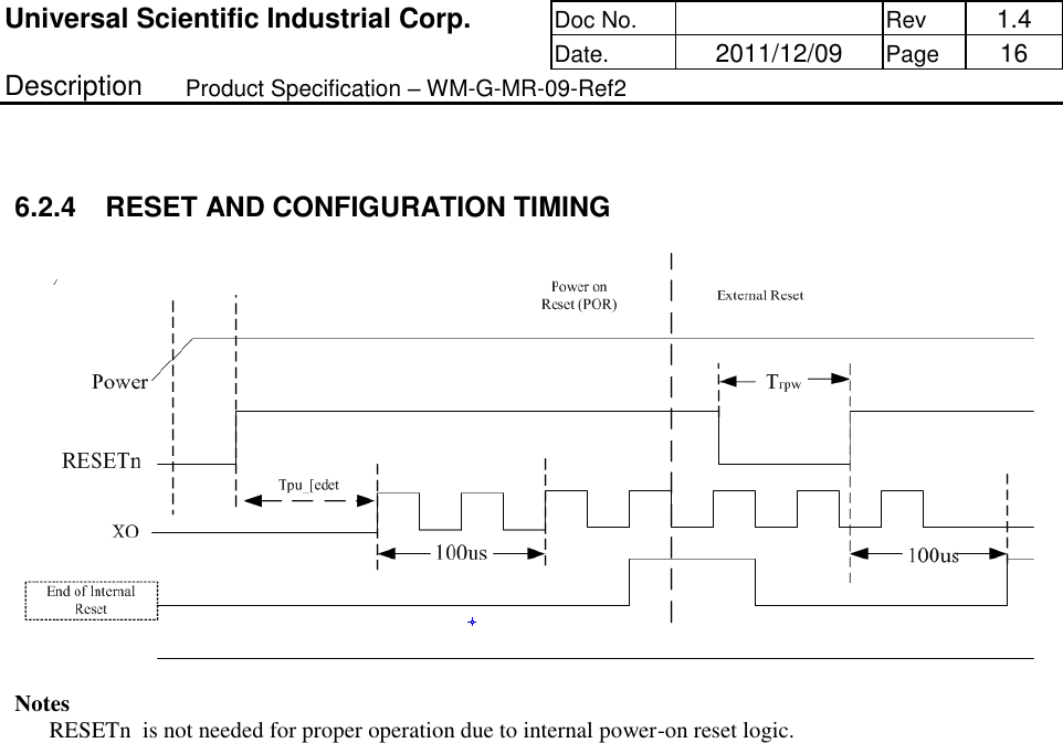 Universal Scientific Industrial Corp. Doc No.   Rev  1.4      Date.   2011/12/09 Page  16 Description   Product Specification – WM-G-MR-09-Ref2  6.2.4  RESET AND CONFIGURATION TIMING  Notes RESETn  is not needed for proper operation due to internal power-on reset logic.     