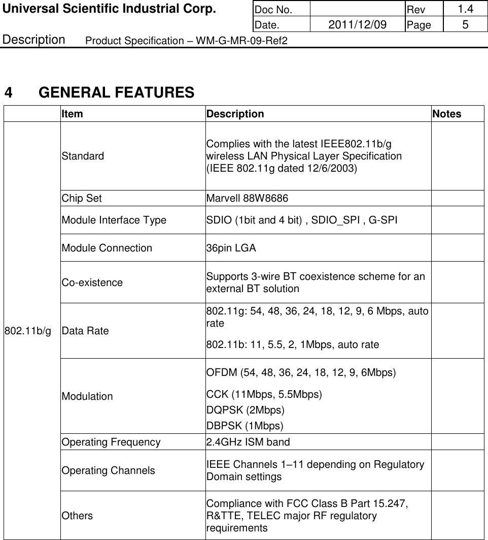 Universal Scientific Industrial Corp. Doc No.  Rev  1.4 Date.  2011/12/09 Page  5 Description  Product Specification – WM-G-MR-09-Ref2 4  GENERAL FEATURES Item  Description  Notes 802.11b/g Standard  Complies with the latest IEEE802.11b/g wireless LAN Physical Layer Specification (IEEE 802.11g dated 12/6/2003)  Chip Set  Marvell 88W8686 Module Interface Type  SDIO (1bit and 4 bit) , SDIO_SPI , G-SPI Module Connection  36pin LGA Co-existence  Supports 3-wire BT coexistence scheme for an external BT solution Data Rate 802.11g: 54, 48, 36, 24, 18, 12, 9, 6 Mbps, auto rate 802.11b: 11, 5.5, 2, 1Mbps, auto rate Modulation OFDM (54, 48, 36, 24, 18, 12, 9, 6Mbps) CCK (11Mbps, 5.5Mbps) DQPSK (2Mbps) DBPSK (1Mbps) Operating Frequency  2.4GHz ISM band Operating Channels  IEEE Channels 1–11 depending on Regulatory Domain settings Others  Compliance with FCC Class B Part 15.247, R&amp;TTE, TELEC major RF regulatory requirements 