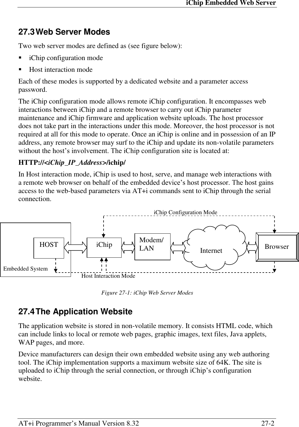 iChip Embedded Web Server AT+i Programmer‘s Manual Version 8.32  27-2 27.3 Web Server Modes Two web server modes are defined as (see figure below):  iChip configuration mode  Host interaction mode Each of these modes is supported by a dedicated website and a parameter access password. The iChip configuration mode allows remote iChip configuration. It encompasses web interactions between iChip and a remote browser to carry out iChip parameter maintenance and iChip firmware and application website uploads. The host processor does not take part in the interactions under this mode. Moreover, the host processor is not required at all for this mode to operate. Once an iChip is online and in possession of an IP address, any remote browser may surf to the iChip and update its non-volatile parameters without the host‘s involvement. The iChip configuration site is located at: HTTP://&lt;iChip_IP_Address&gt;/ichip/ In Host interaction mode, iChip is used to host, serve, and manage web interactions with a remote web browser on behalf of the embedded device‘s host processor. The host gains access to the web-based parameters via AT+i commands sent to iChip through the serial connection.        Figure 27-1: iChip Web Server Modes 27.4 The Application Website The application website is stored in non-volatile memory. It consists HTML code, which can include links to local or remote web pages, graphic images, text files, Java applets, WAP pages, and more. Device manufacturers can design their own embedded website using any web authoring tool. The iChip implementation supports a maximum website size of 64K. The site is uploaded to iChip through the serial connection, or through iChip‘s configuration website. Host Interaction Mode iChip Configuration Mode HOST iChip Modem/ LAN   Internet Browser Embedded System 